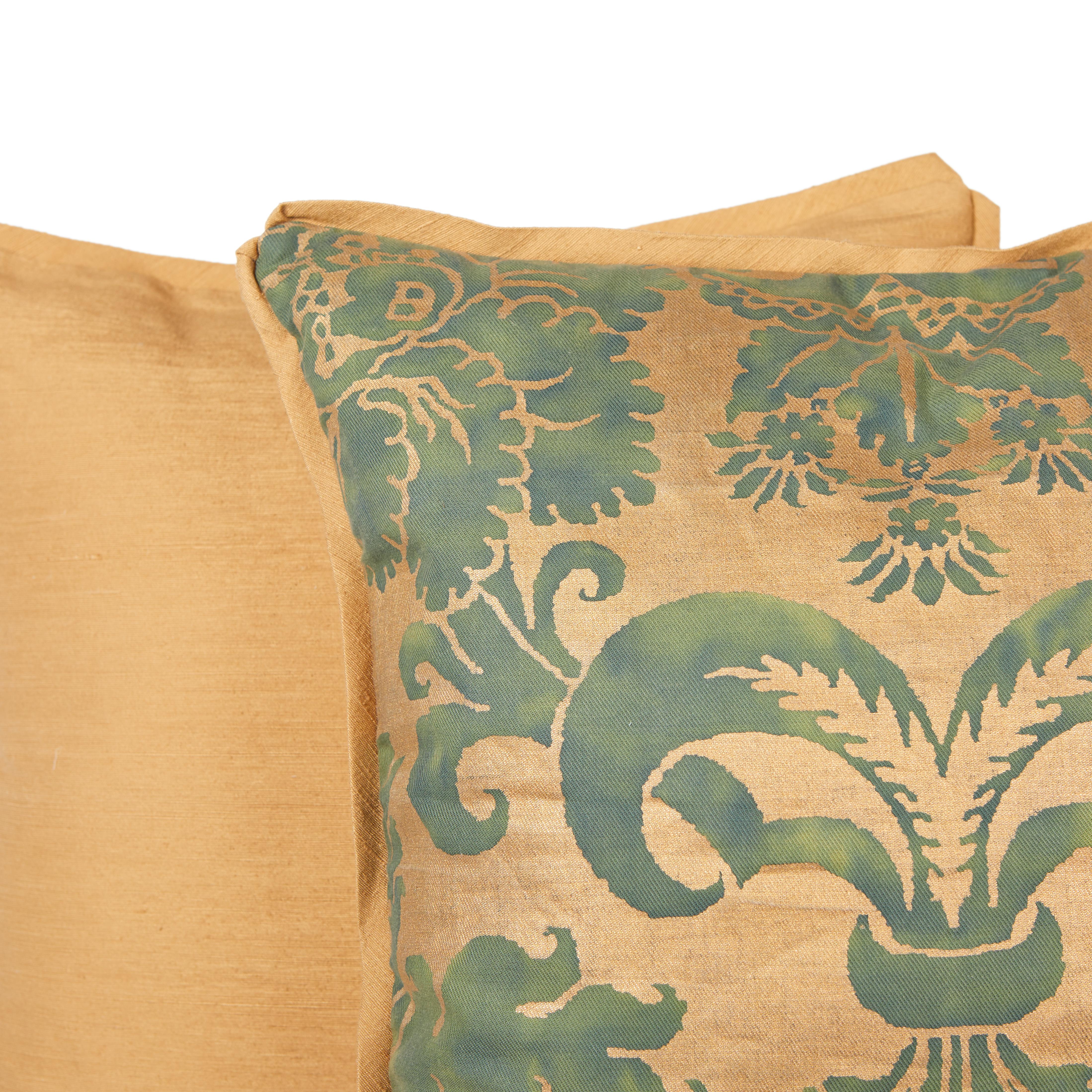 American Pair of Fortuny Fabric Cushions in the Glicine Pattern in Gold and Blue-Green For Sale