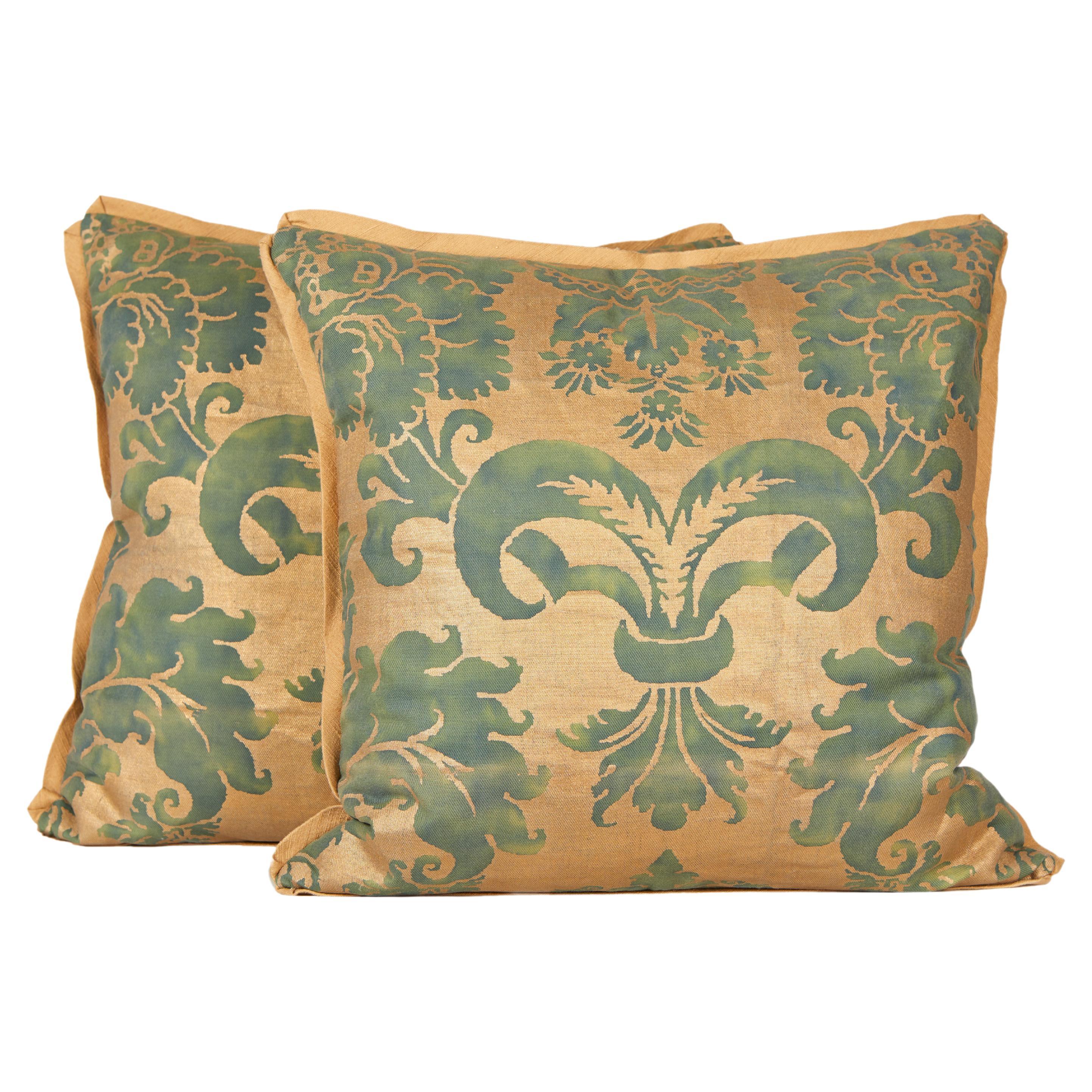 Pair of Fortuny Fabric Cushions in the Glicine Pattern in Gold and Blue-Green