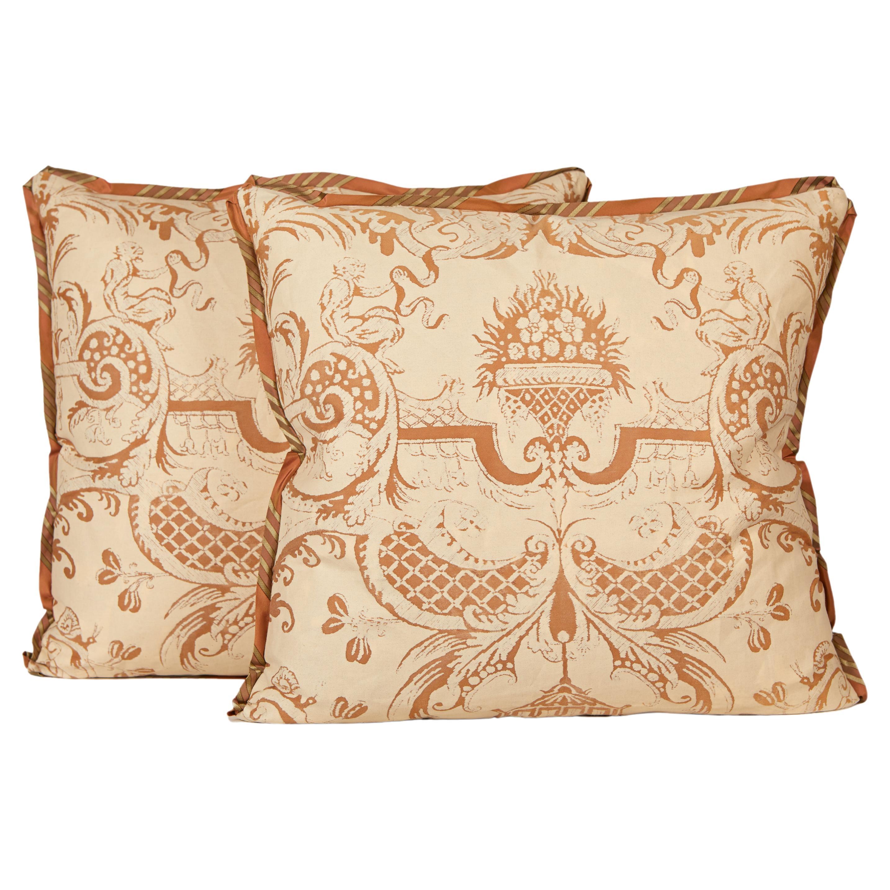Pair of Fortuny Fabric Cushions in the Mazzarino Print in Tan and Rust