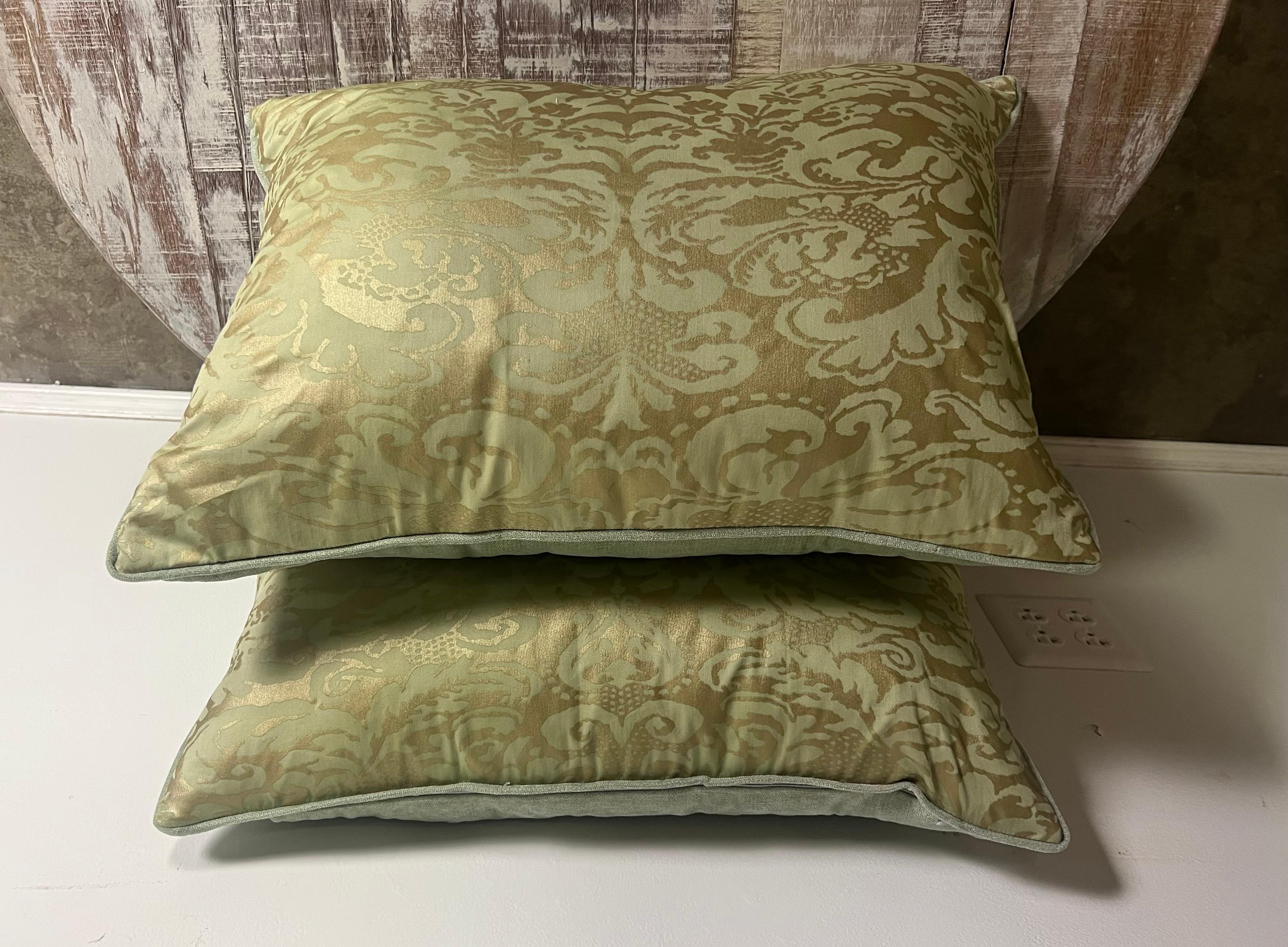 Italian Pair of Fortuny Gold & Soft Green Pillows  For Sale