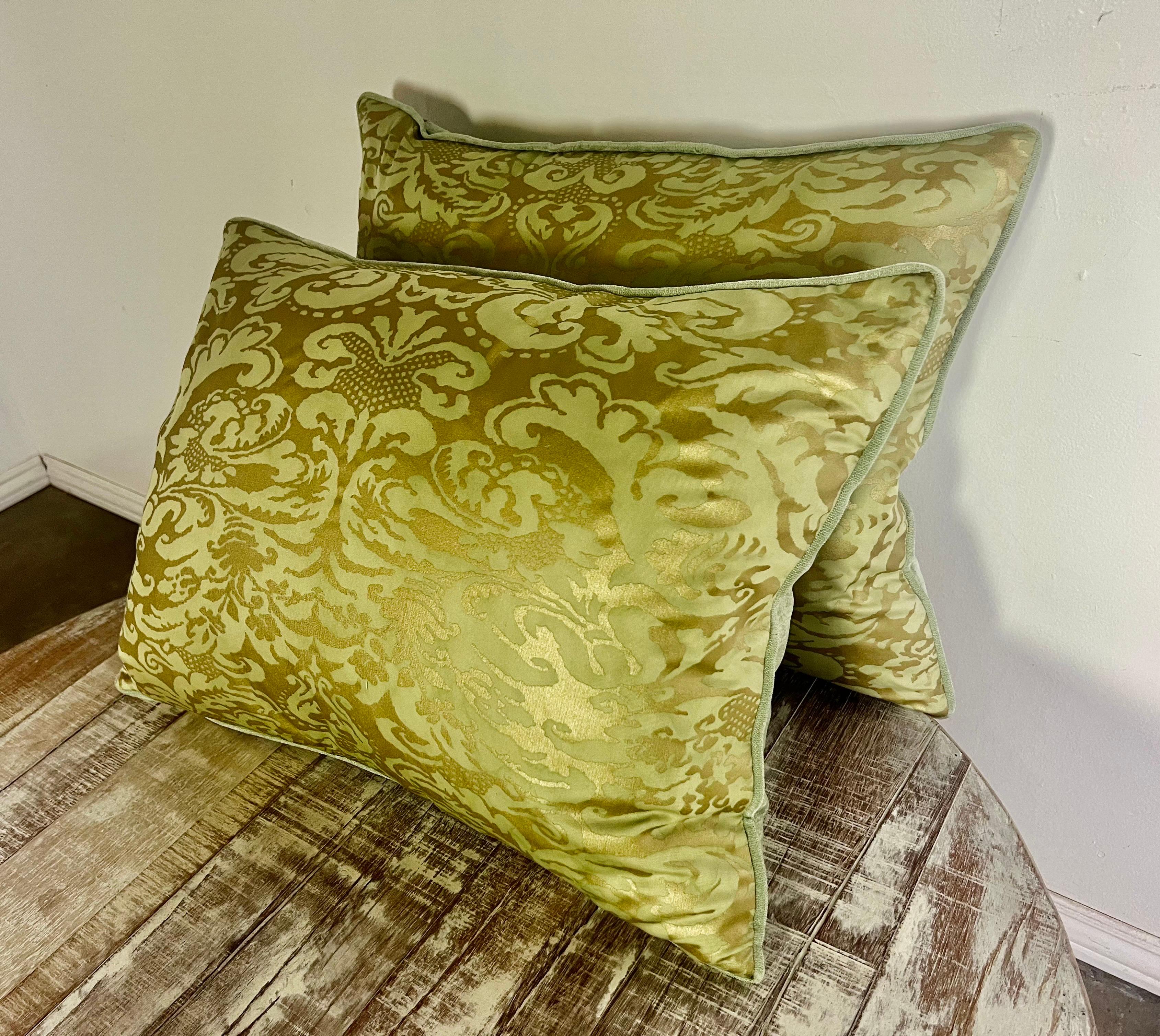 Pair of Fortuny Gold & Soft Green Pillows  In Excellent Condition For Sale In Los Angeles, CA