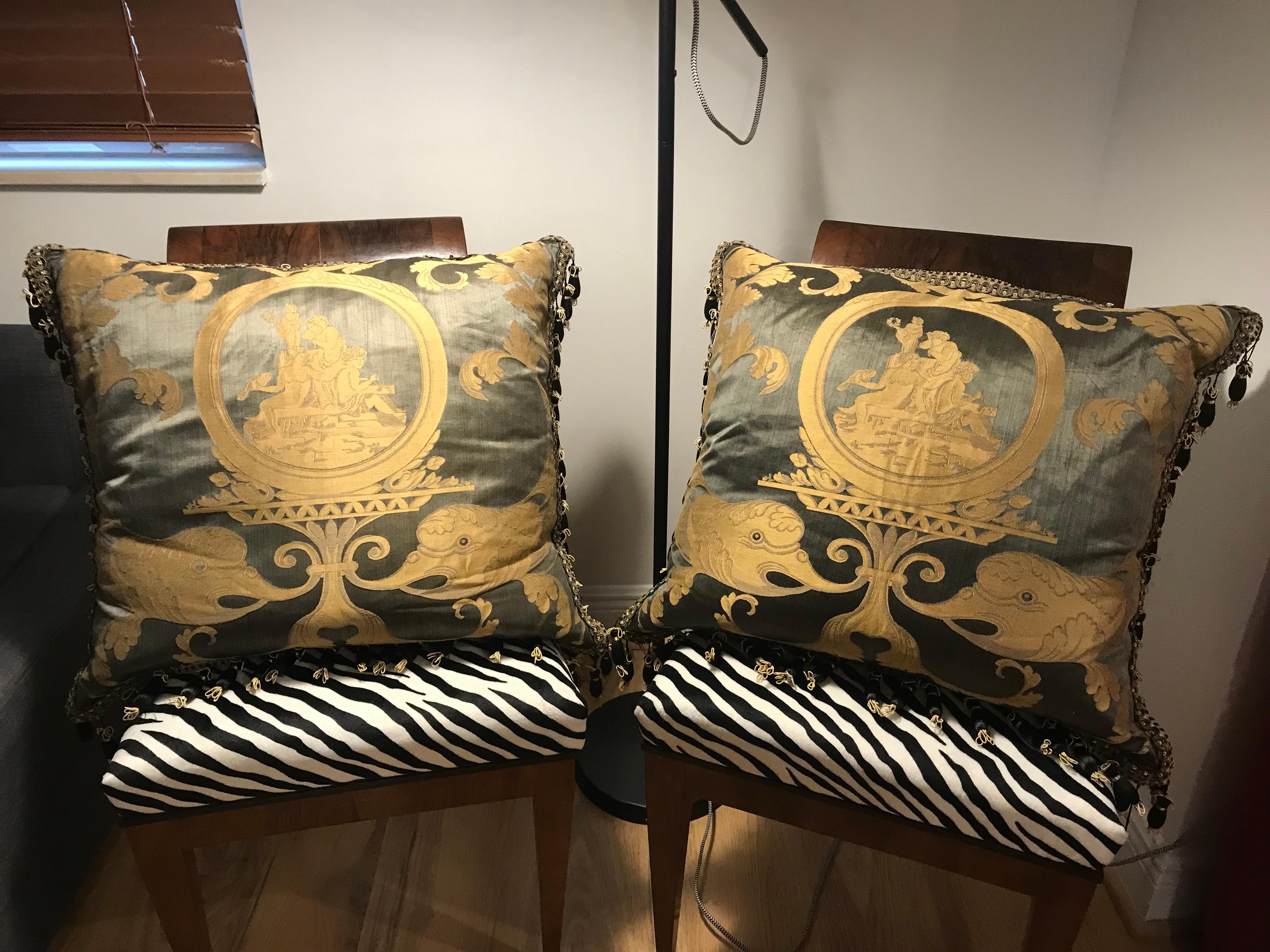 American Pair of Fortuny Pillows with Angels and Dolphins For Sale