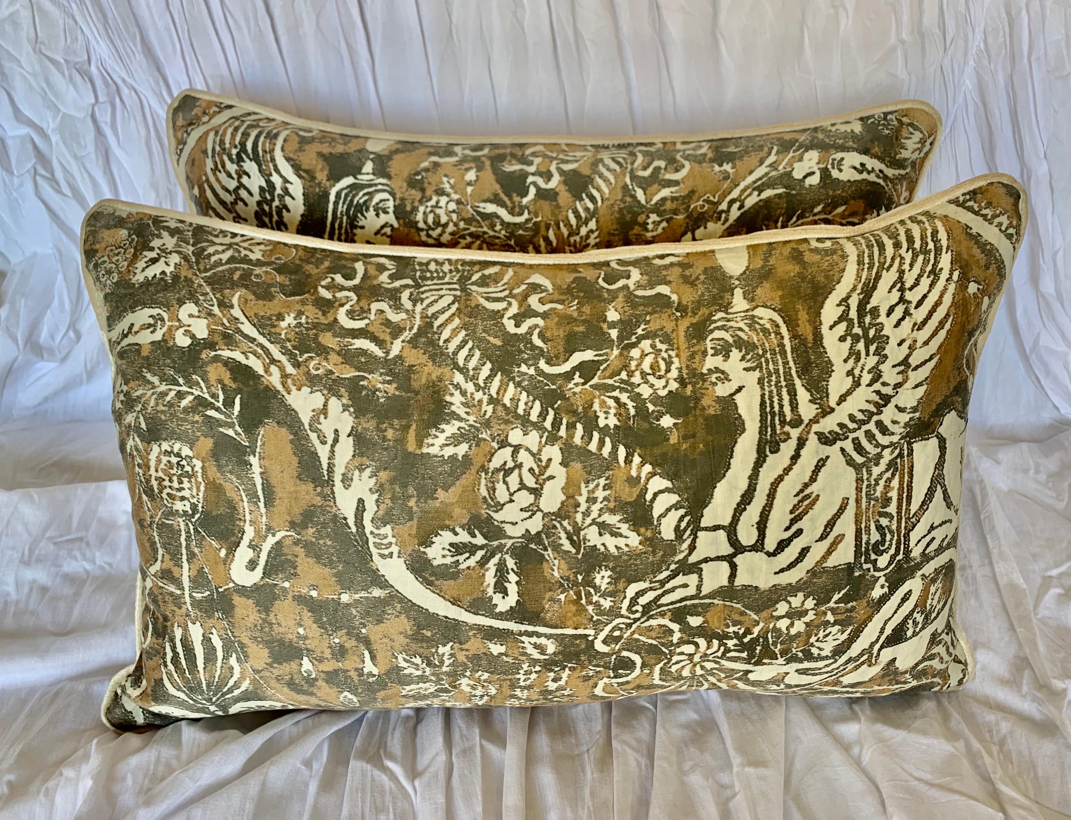 Pair of unique Fortuny textile pillows made with vintage cotton Fortuny fronts depicting Sphinx's. The colors are autumn shades of gold, brown & cream.
