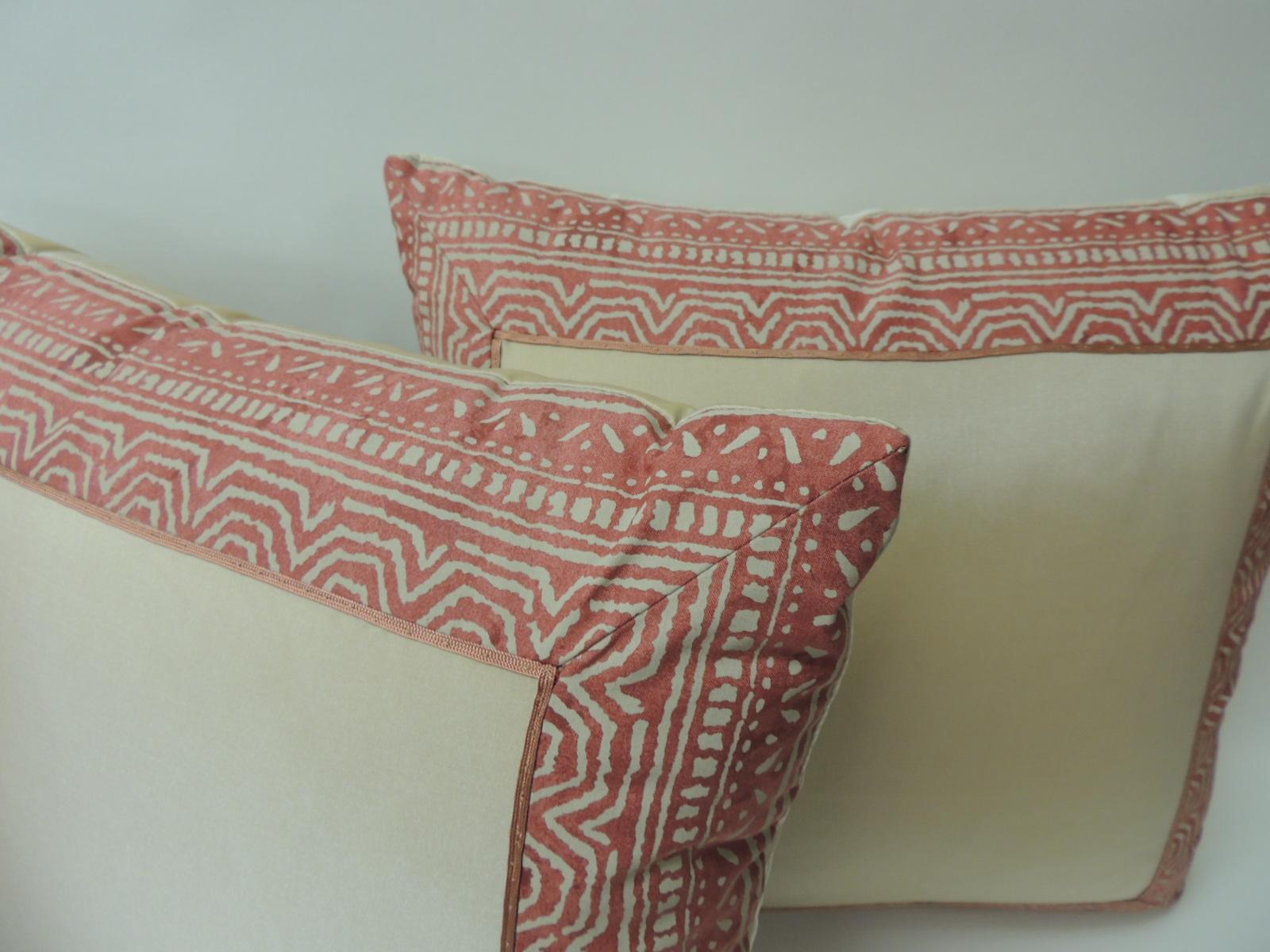 Italian Pair of Fortuny Pink Tapa Border Decorative Pillows