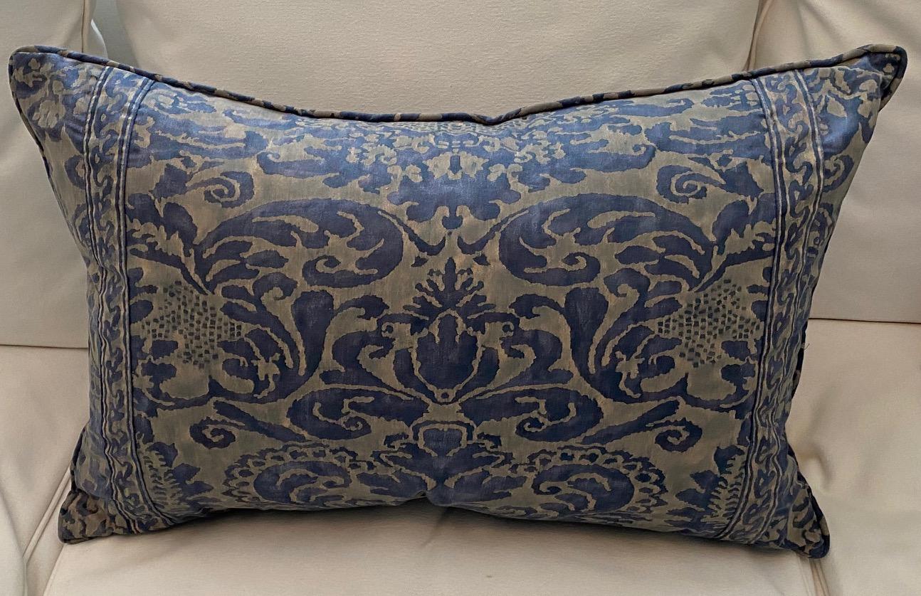 Pair of down-filled blue on gray Fortuny rectangular cushions in the 