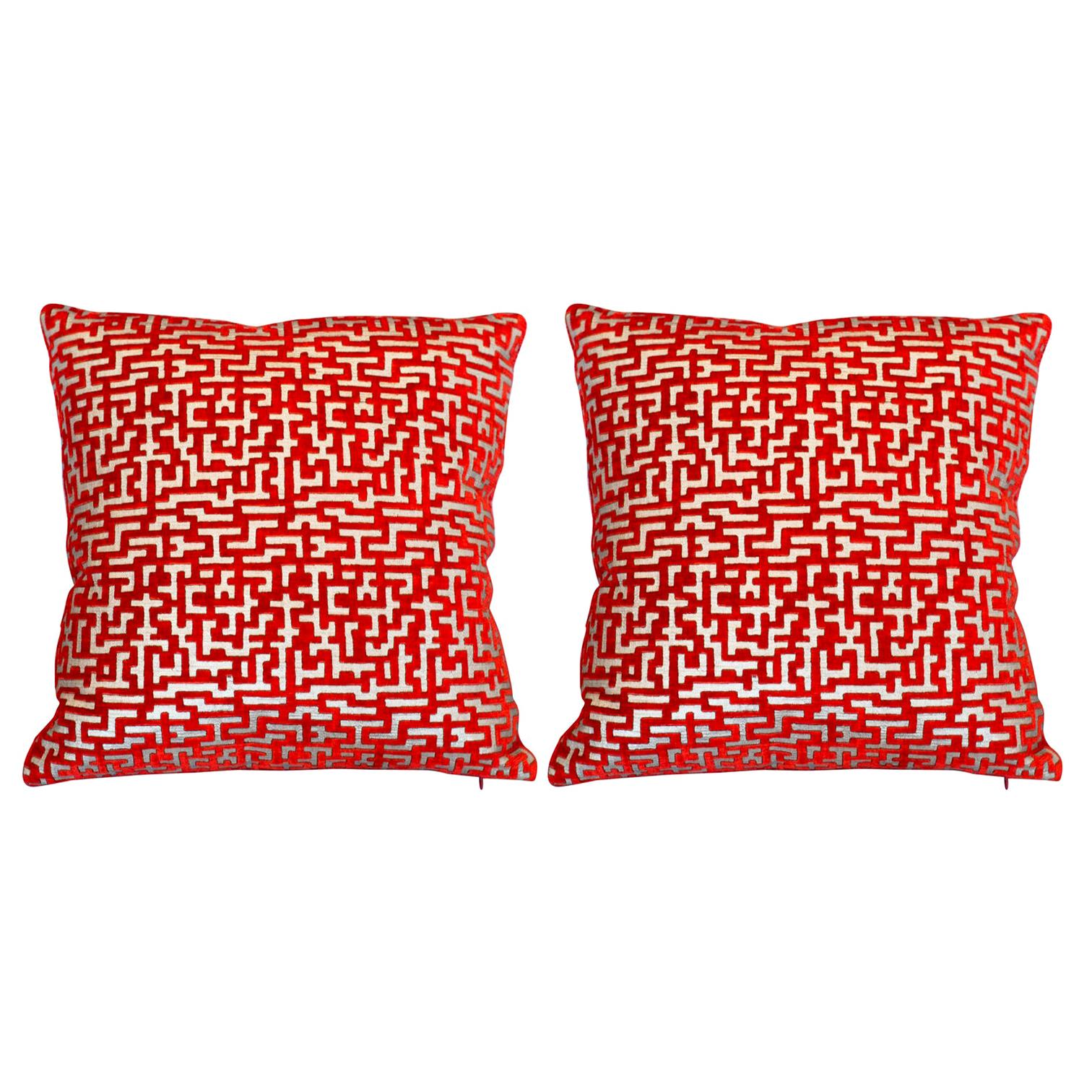 Pair of Fortuny Red and Silver Silk Velvet Pillows For Sale