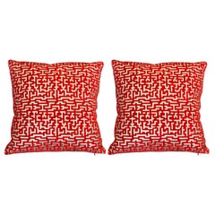 Coppia di cuscini in velluto di seta rosso e argento di Fortuny