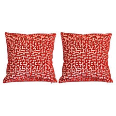Pair of Fortuny Red and Silver Silk Velvet Pillows