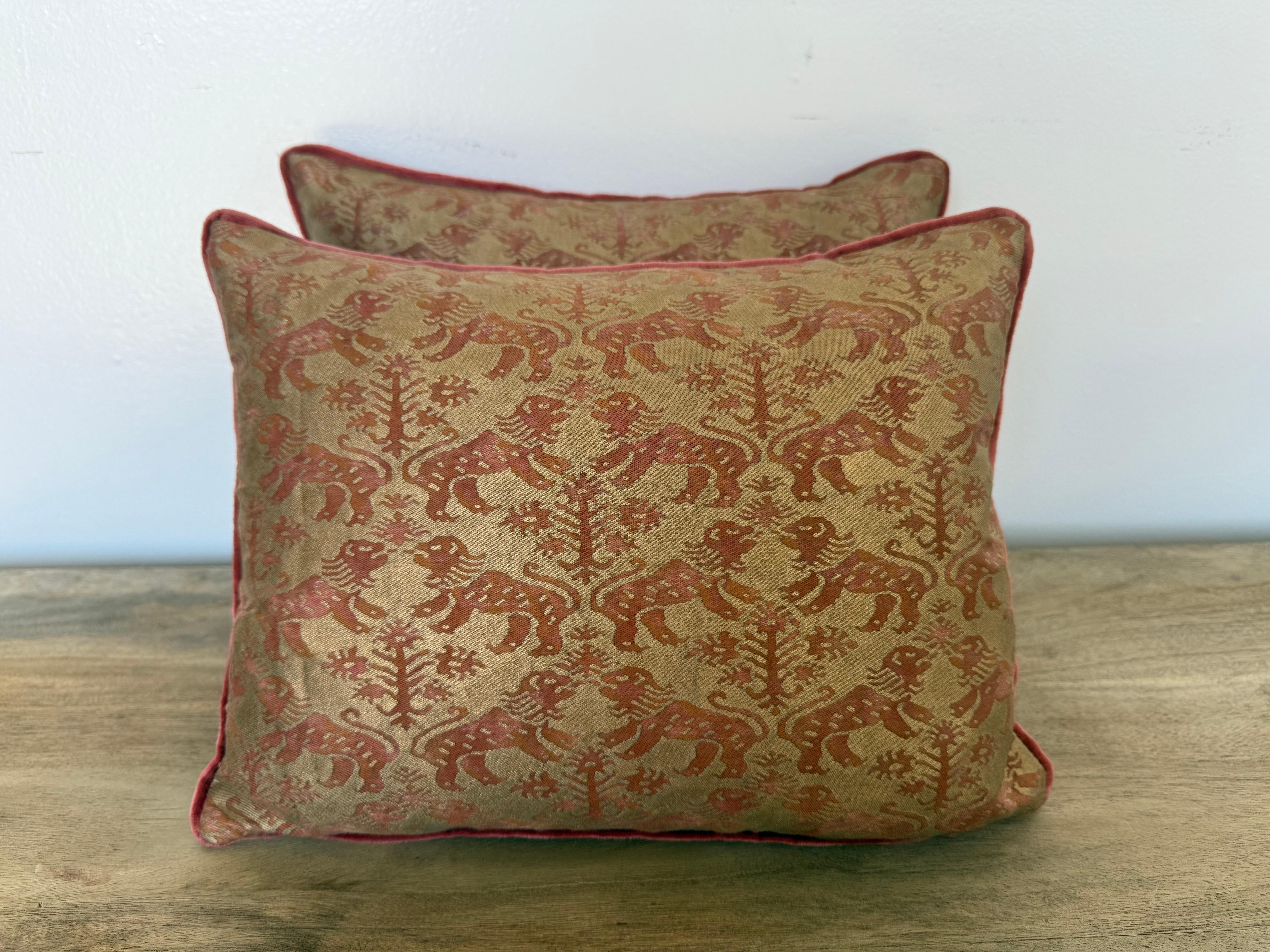 
A striking pair of custom pillows crafted by Melissa Levinson, featuring authentic Fortuny fabric in the historic Richelieu pattern. This celebrated design, first introduced by Mariano Fortuny in Venice, is distinguished by its procession of