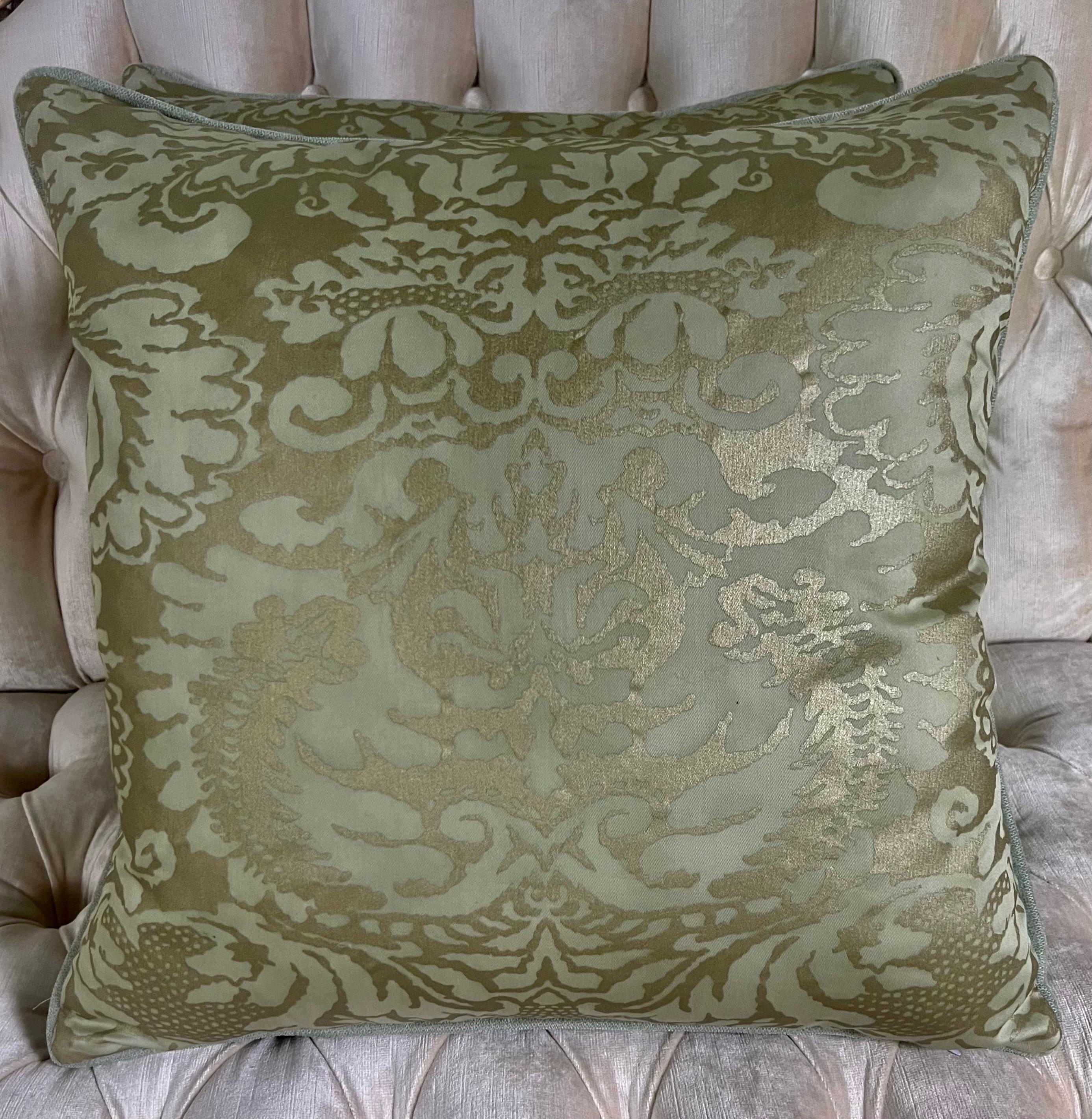 Pair of custom Fortuny style pillows in gold and soft green designed by Melissa Levinson.  The pillows have a coordinating velvet back and down fillings.  