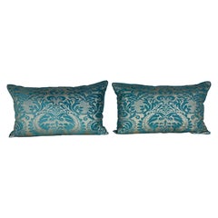 Pair of  Fortuny Style Textile Pillows with Blue Silk Backs