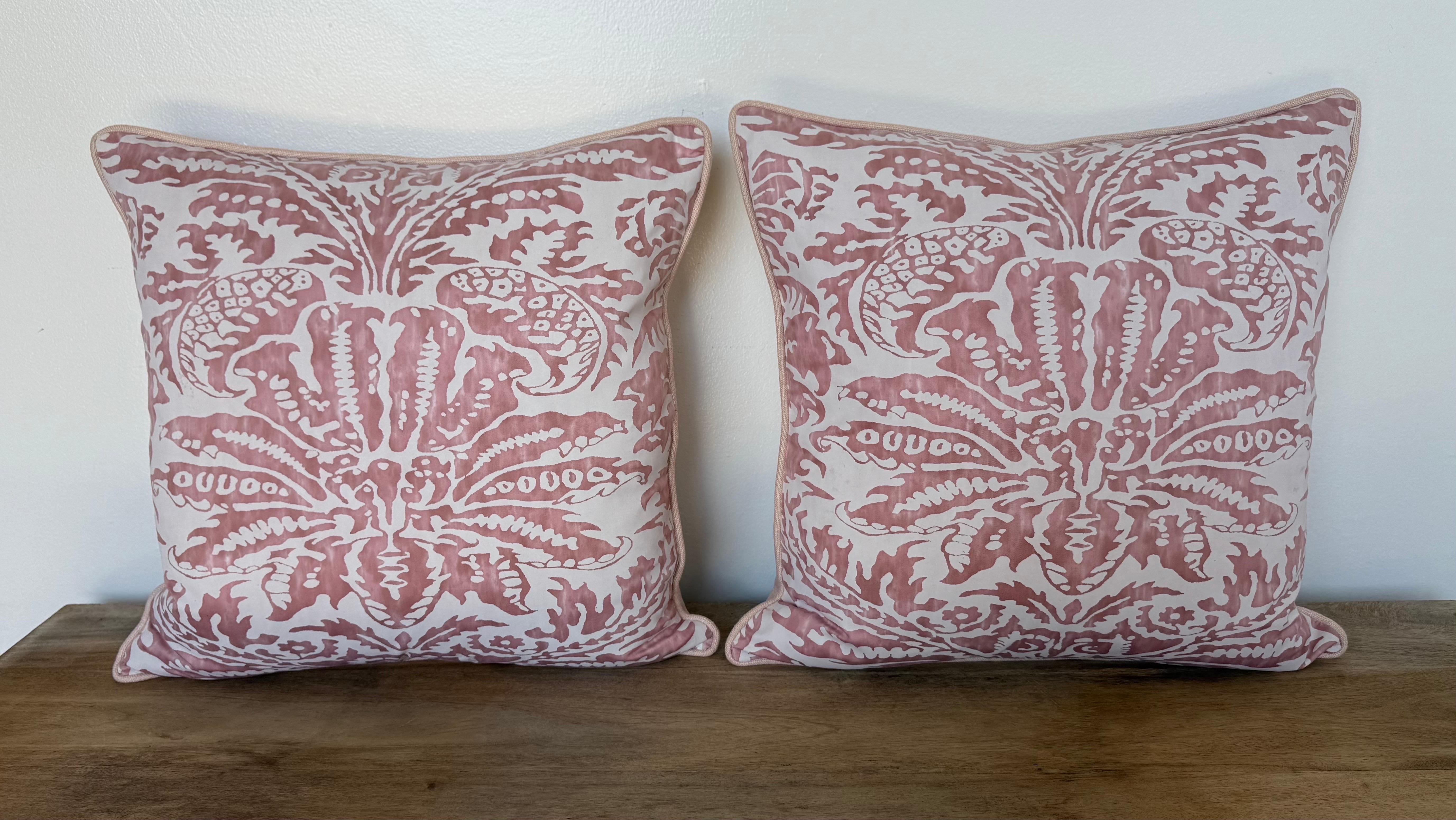 A graceful pair of custom pillows designed by Melissa Levinson, crafted from a Fortuny-like printed textile featuring a stylized damask motif. The design showcases bold, scrolling foliage radiating outward in a grand symmetrical pattern, softened by