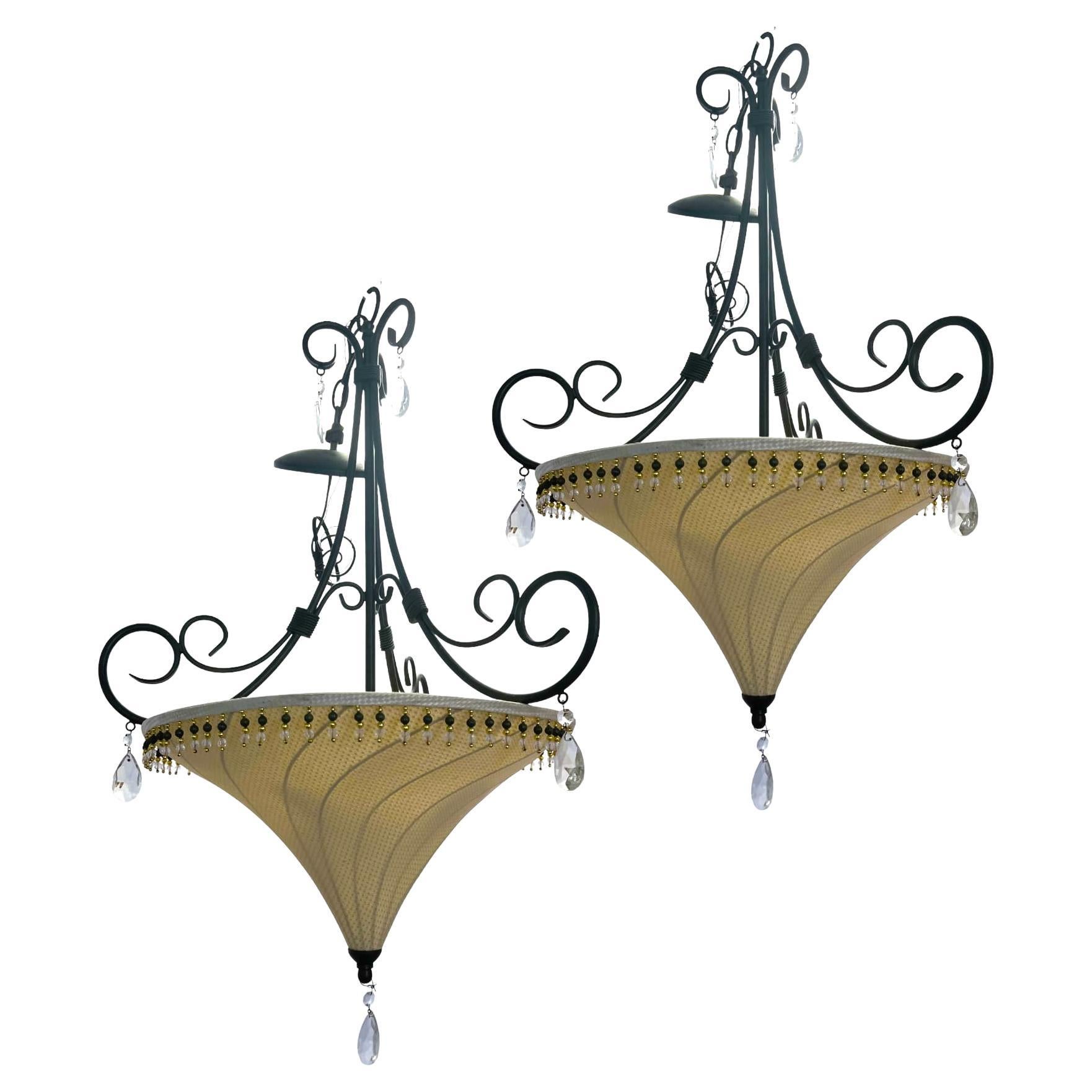 Paire de lampes suspendues en tissu de style néo-Vénitien de Fortuny