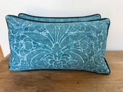 Pair of Fortuny Textile Pillows in Teal with Custom Velvet Backs