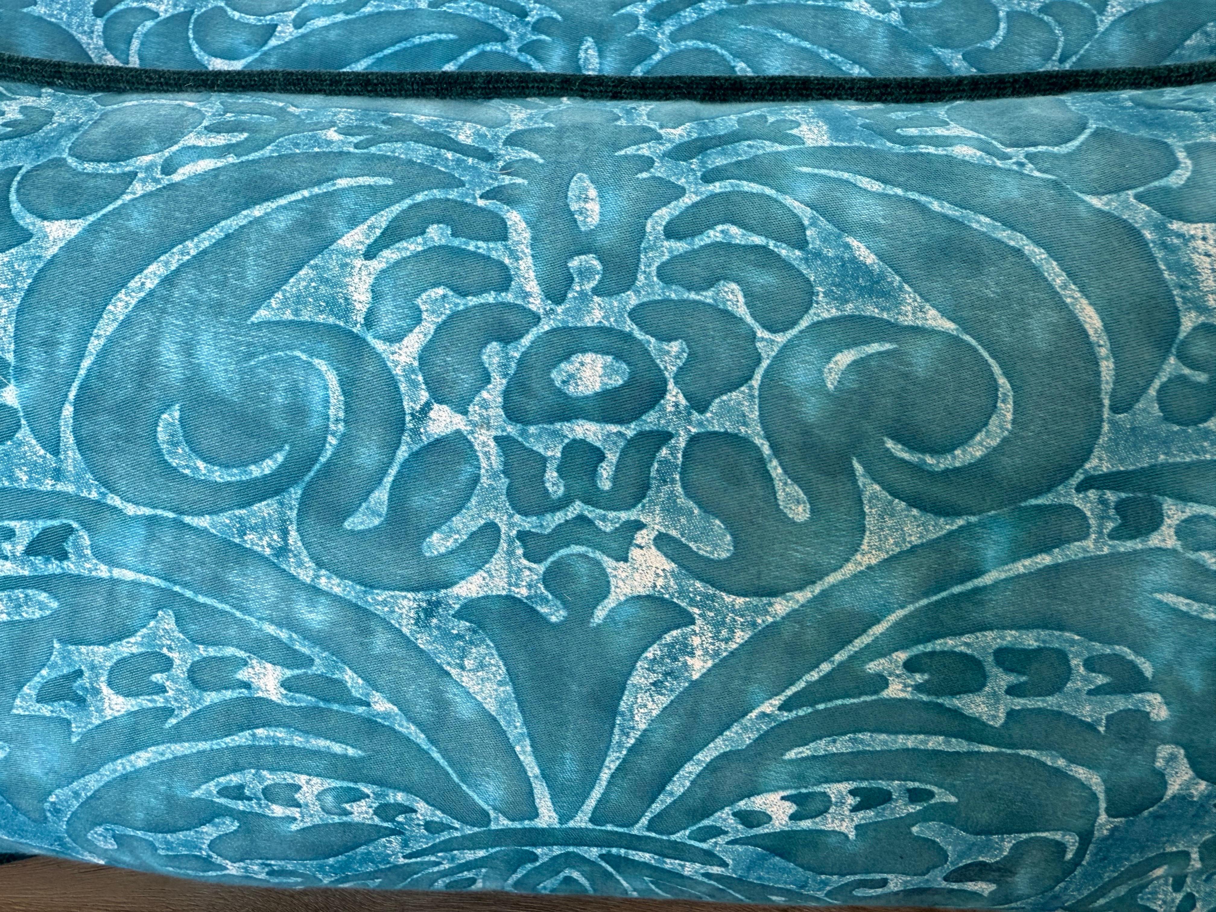 Baroque Pair of Fortuny Textile Pillows in Teal with Custom Velvet Backs For Sale