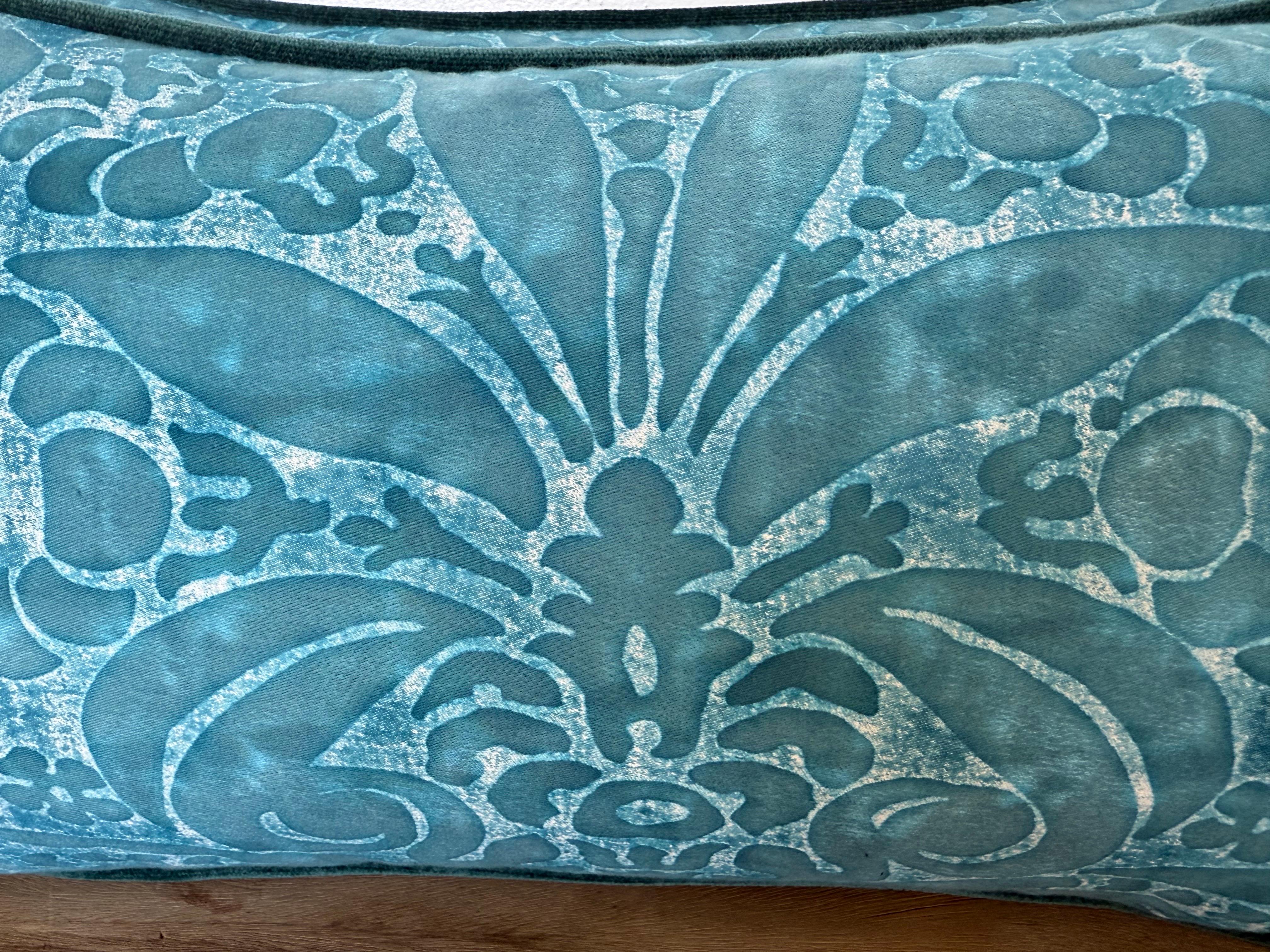 Baroque Pair of Fortuny Textile Pillows in Teal with Custom Velvet Backs For Sale