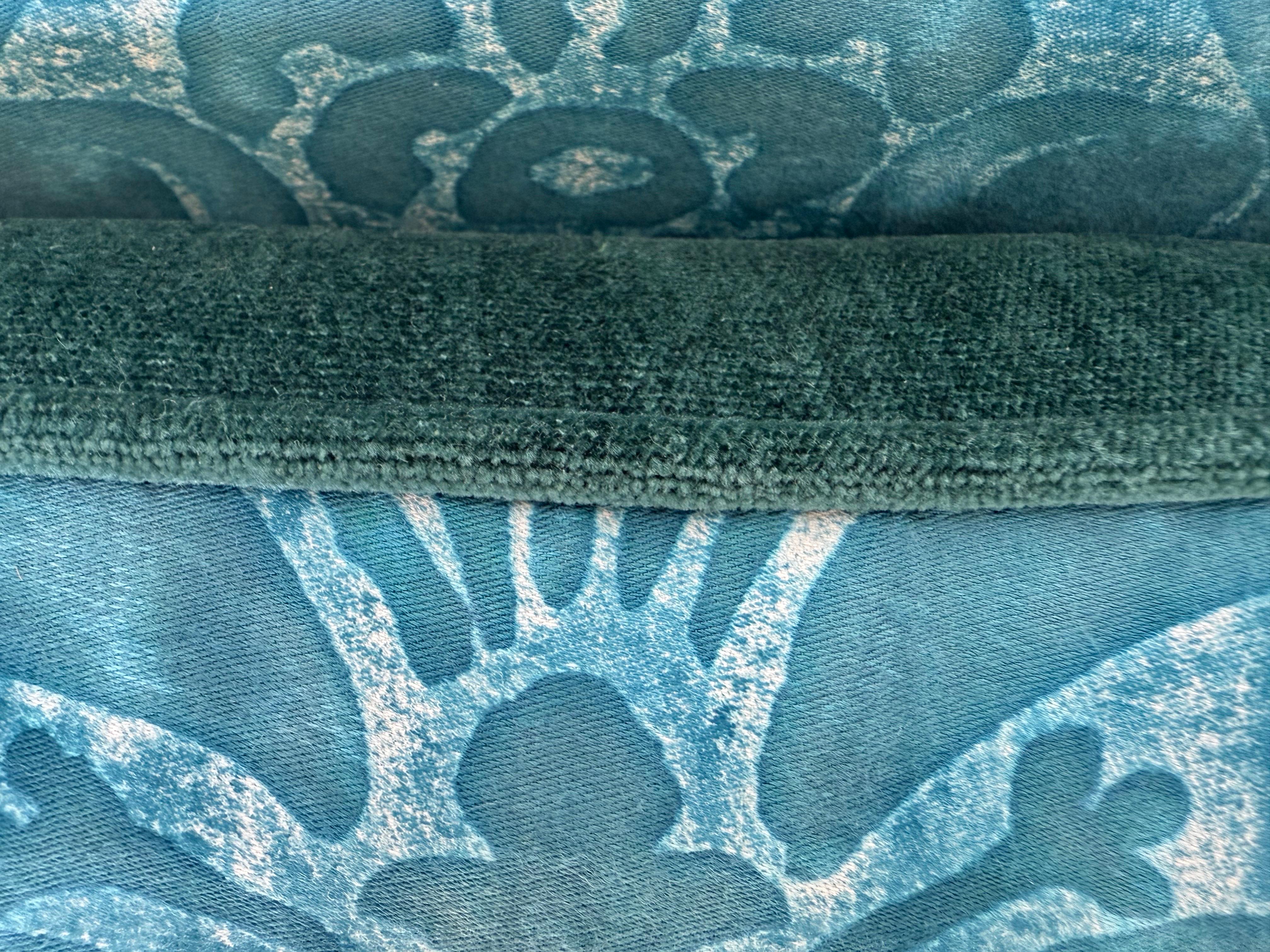 American Pair of Fortuny Textile Pillows in Teal with Custom Velvet Backs For Sale