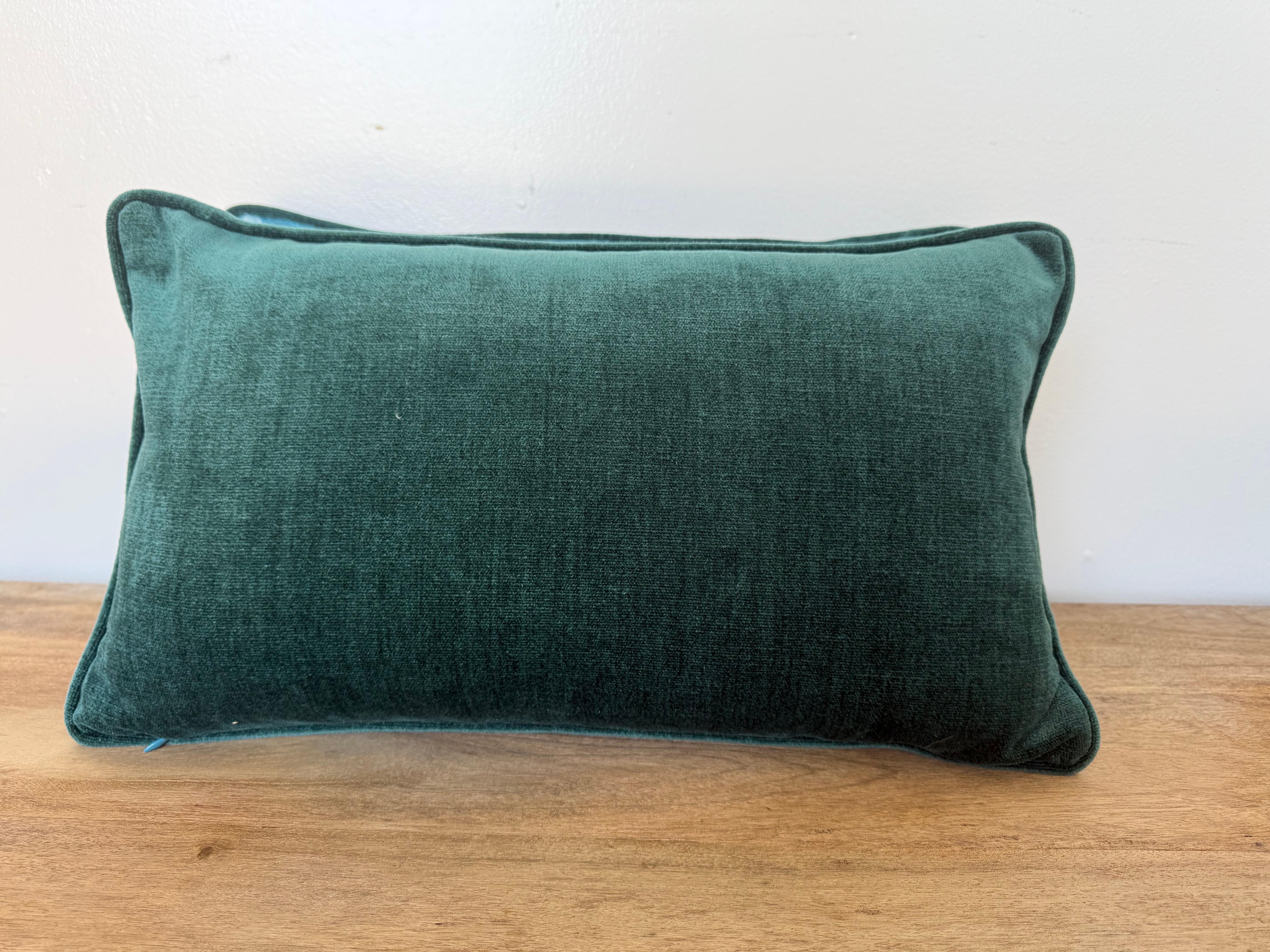 Pair of Fortuny Textile Pillows in Teal with Custom Velvet Backs In New Condition For Sale In Los Angeles, CA