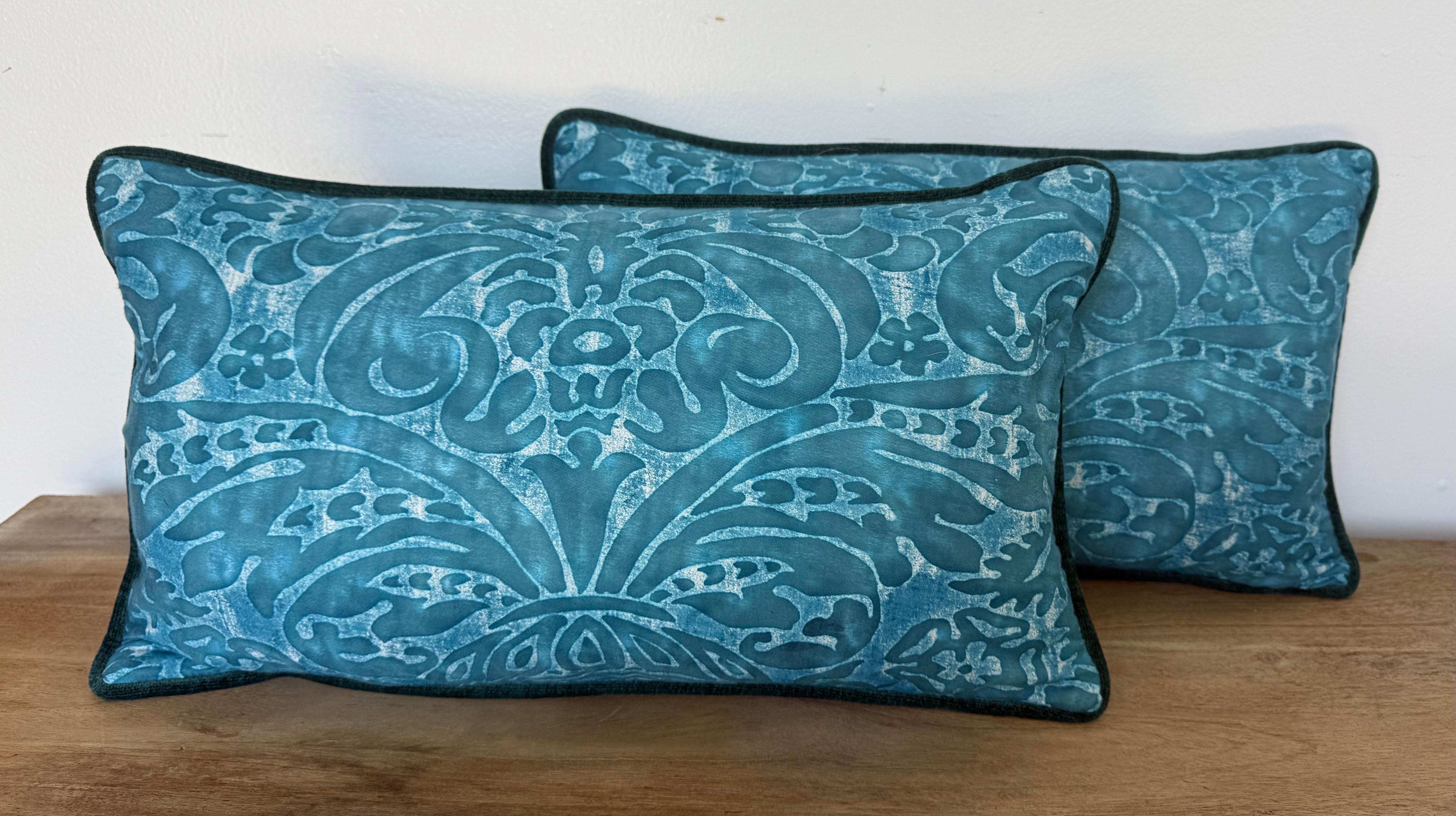 Pair of Fortuny Textile Pillows in Teal with Custom Velvet Backs For Sale