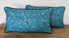 Pair of Fortuny Textile Pillows in Teal with Custom Velvet Backs