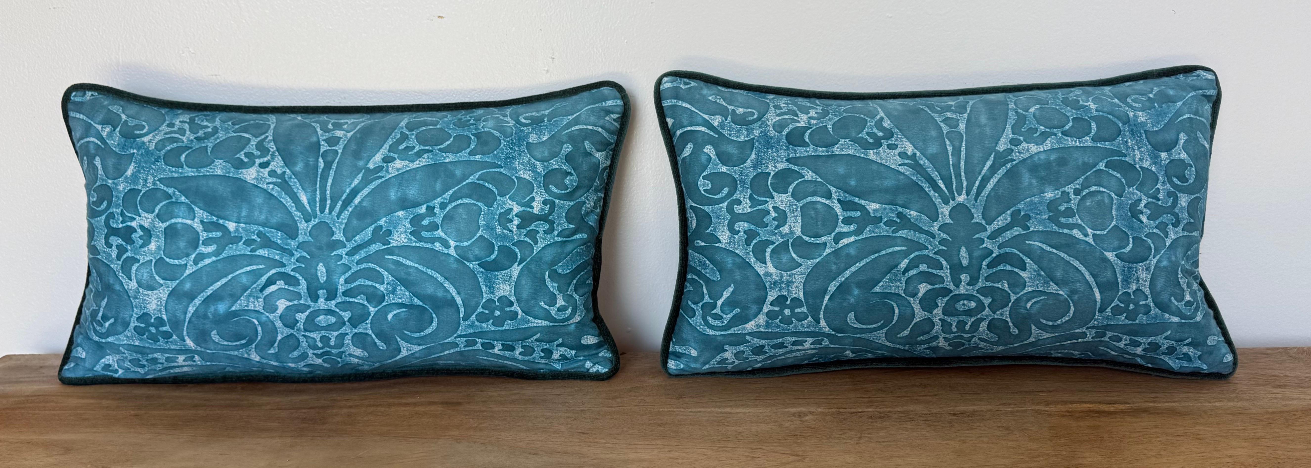 Pair of Fortuny Textile Pillows in Teal with Custom Velvet Backs For Sale