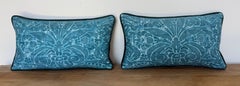 Pair of Fortuny Textile Pillows in Teal with Custom Velvet Backs