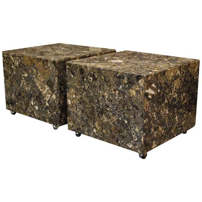 Pair of Fossil Brown Marble or Bruno Etrusco Side Tables or Coffee