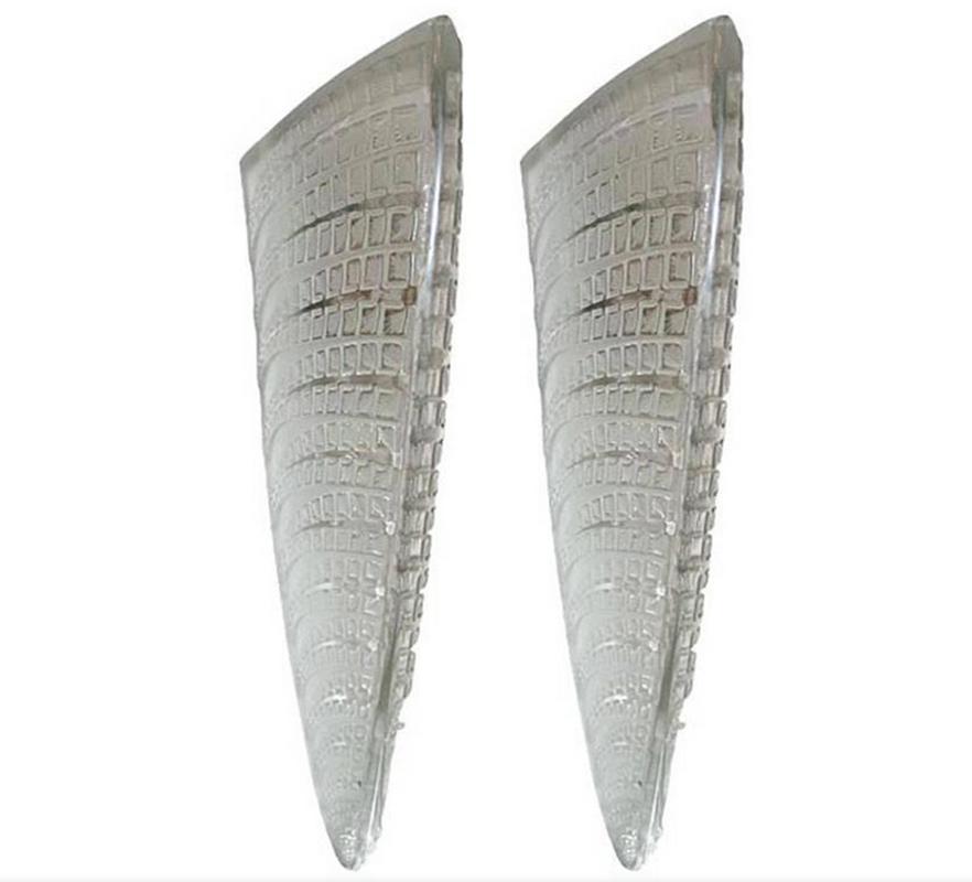 Lalique wall sconces, clear and frosted glass molded with leaves design, electrified. Additional pair available.