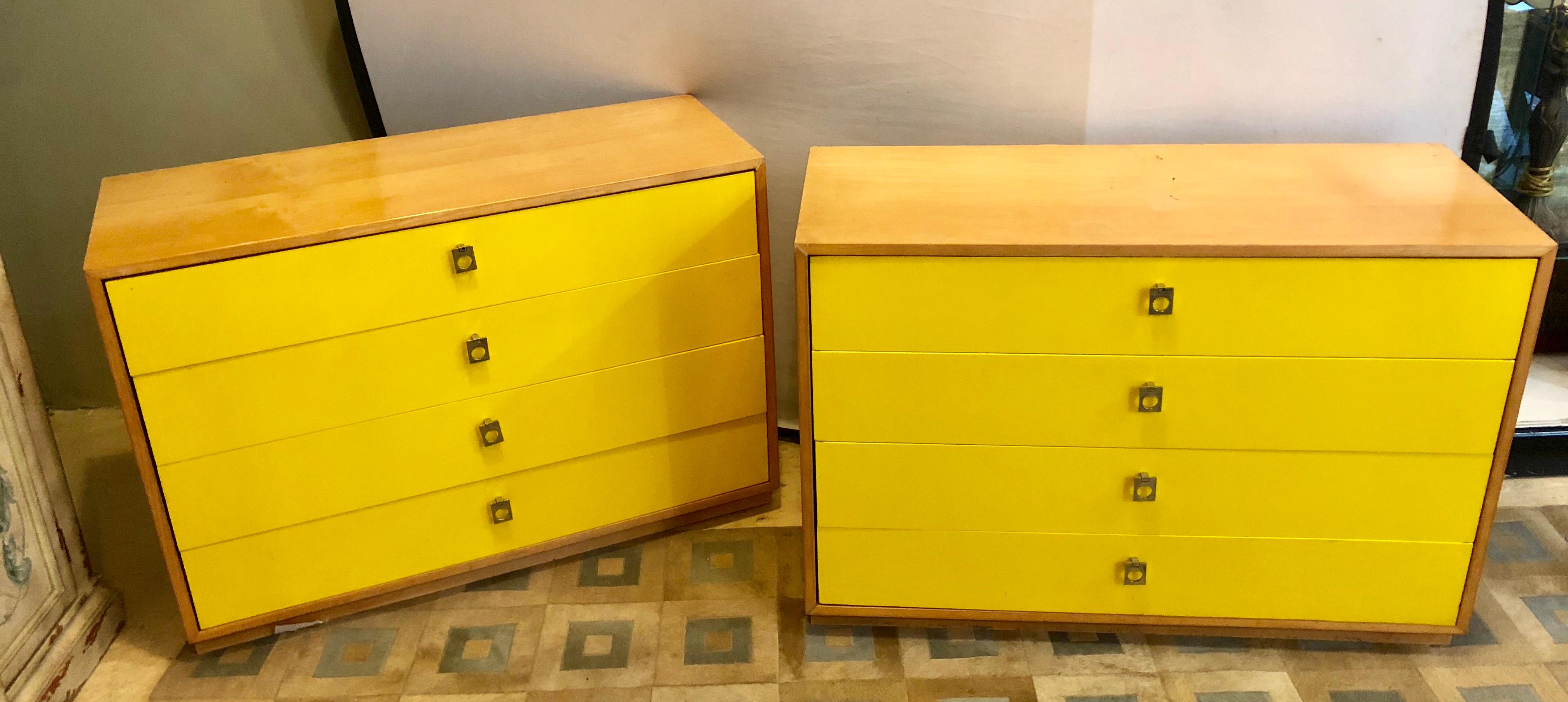 Pair of founders Mid-Century Modern bachelors chests or nightstands or commodes. These signed chest have that distinctive look and design that are simply screaming to light up any room in the home. These large and impressive four drawer chests have
