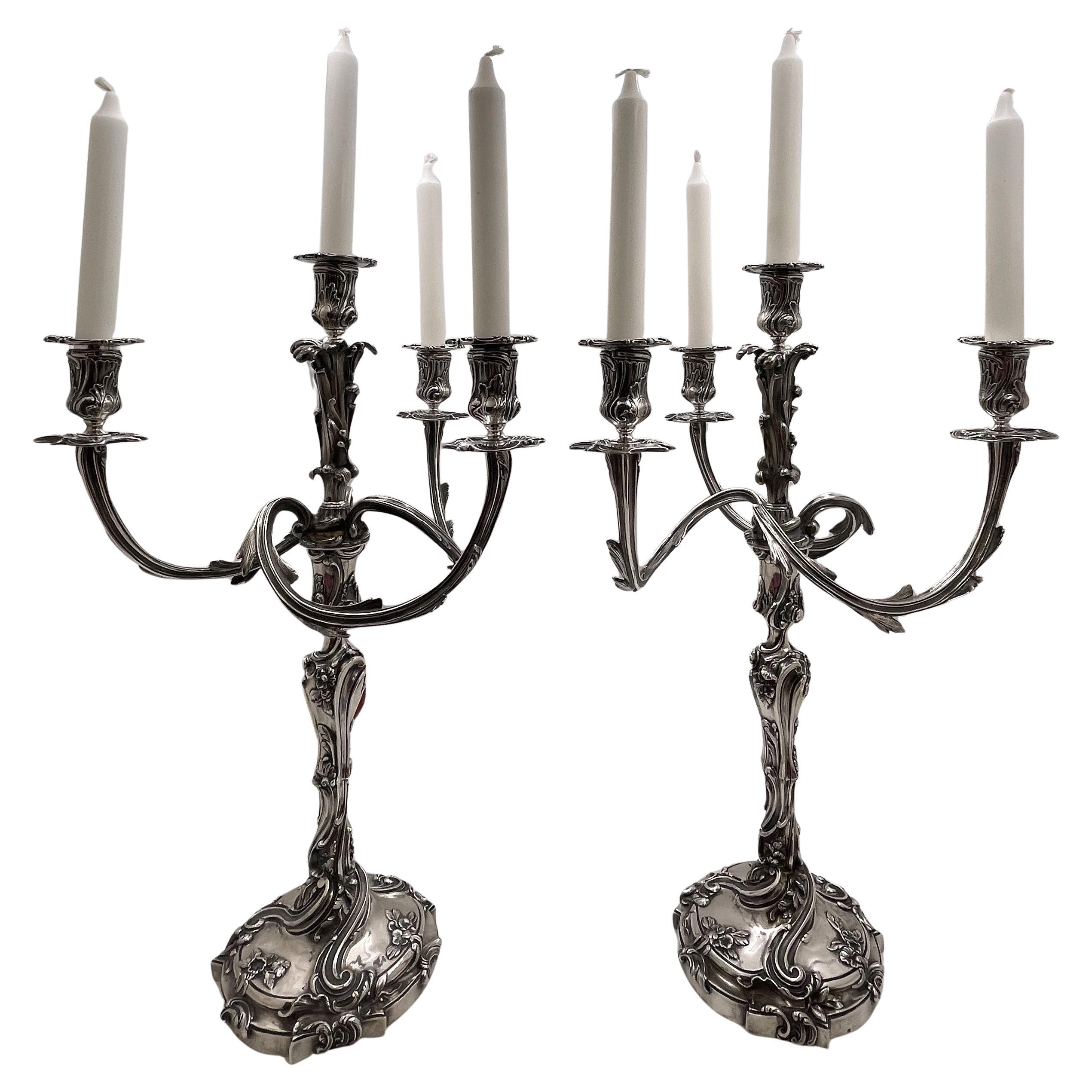 Pareja de candelabros franceses de 4 luces de plata de ley Fouquet-Gueudet Circa 1865