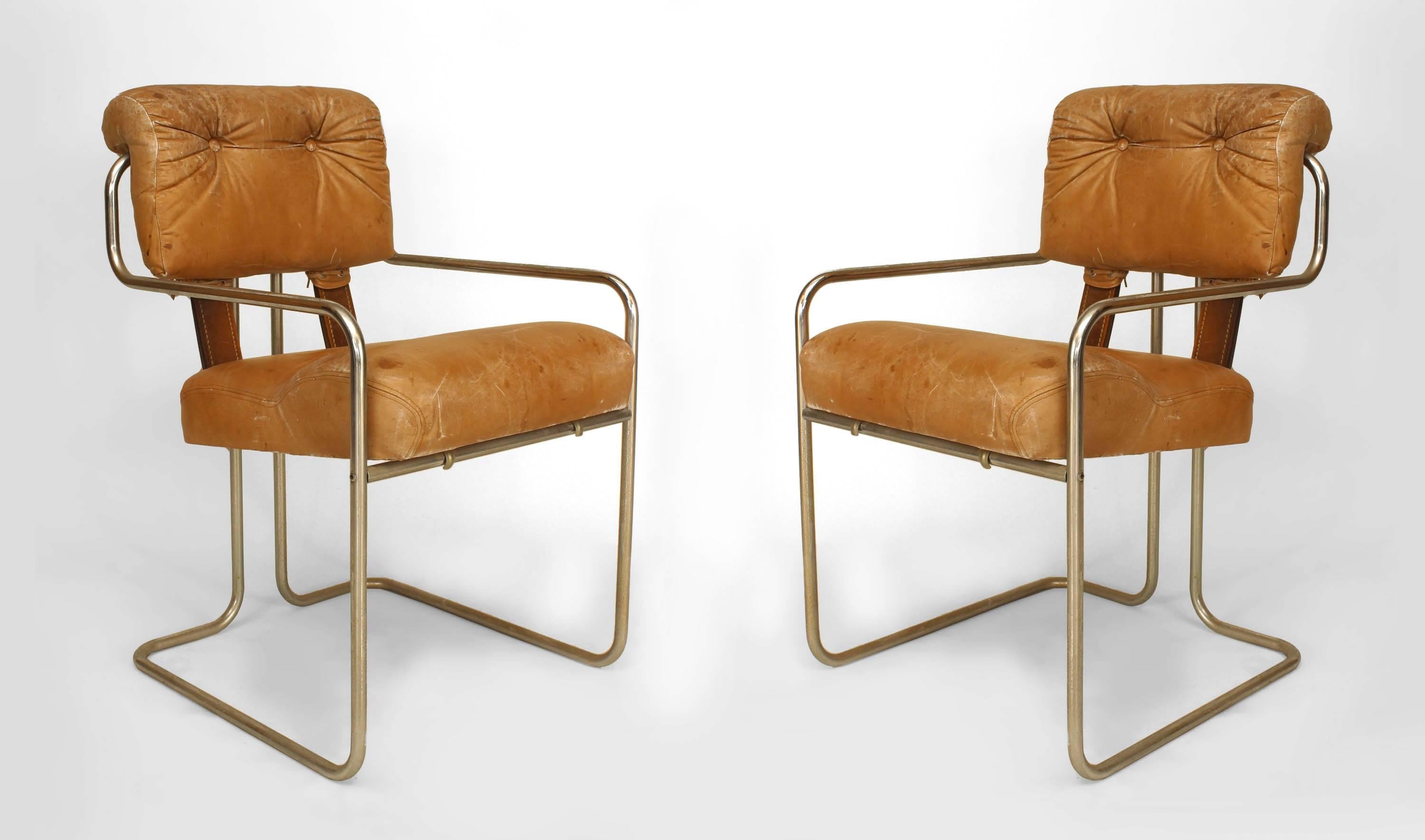 Set of 4 German Art Deco (1930s) chrome arm chairs with brown leather tufted seat and back connected with straps. (by WALTER KNOLL)
