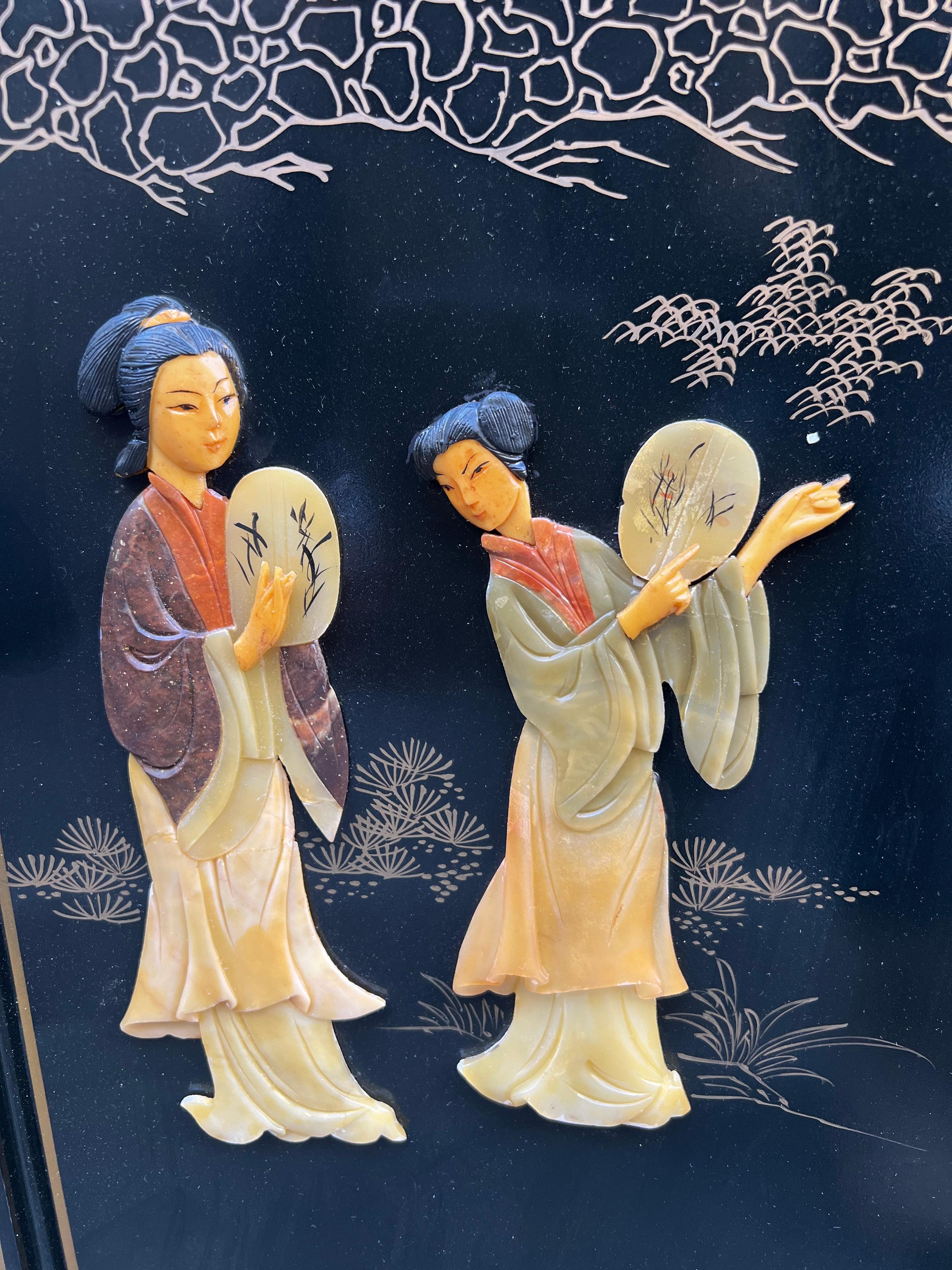 Pair of Four Antique Chinoserie Lacquered Wood Wall Panels with Jade Scenes 1