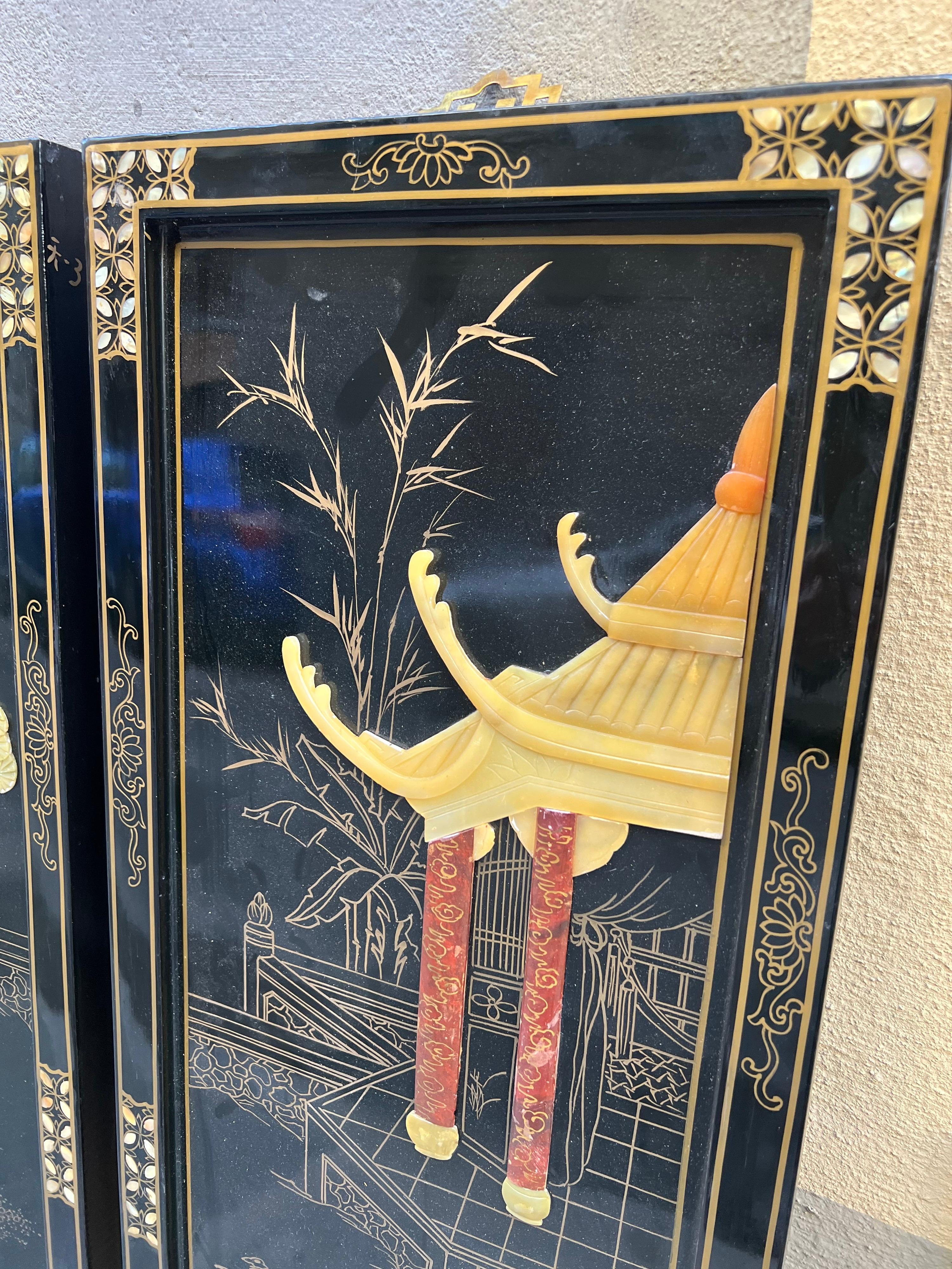 Pair of Four Antique Chinoserie Lacquered Wood Wall Panels with Jade Scenes 2