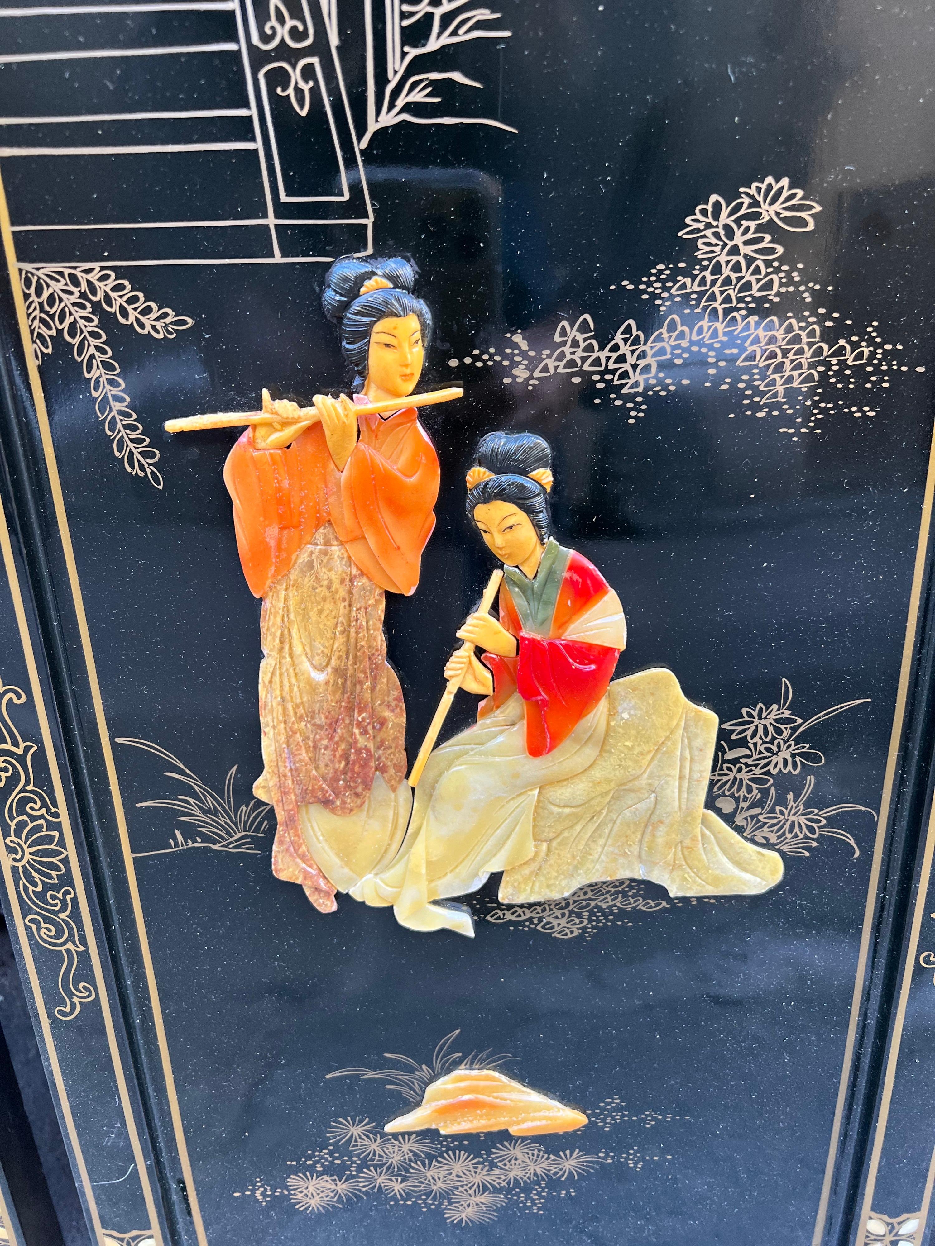 Pair of Four Antique Chinoserie Lacquered Wood Wall Panels with Jade Scenes 3