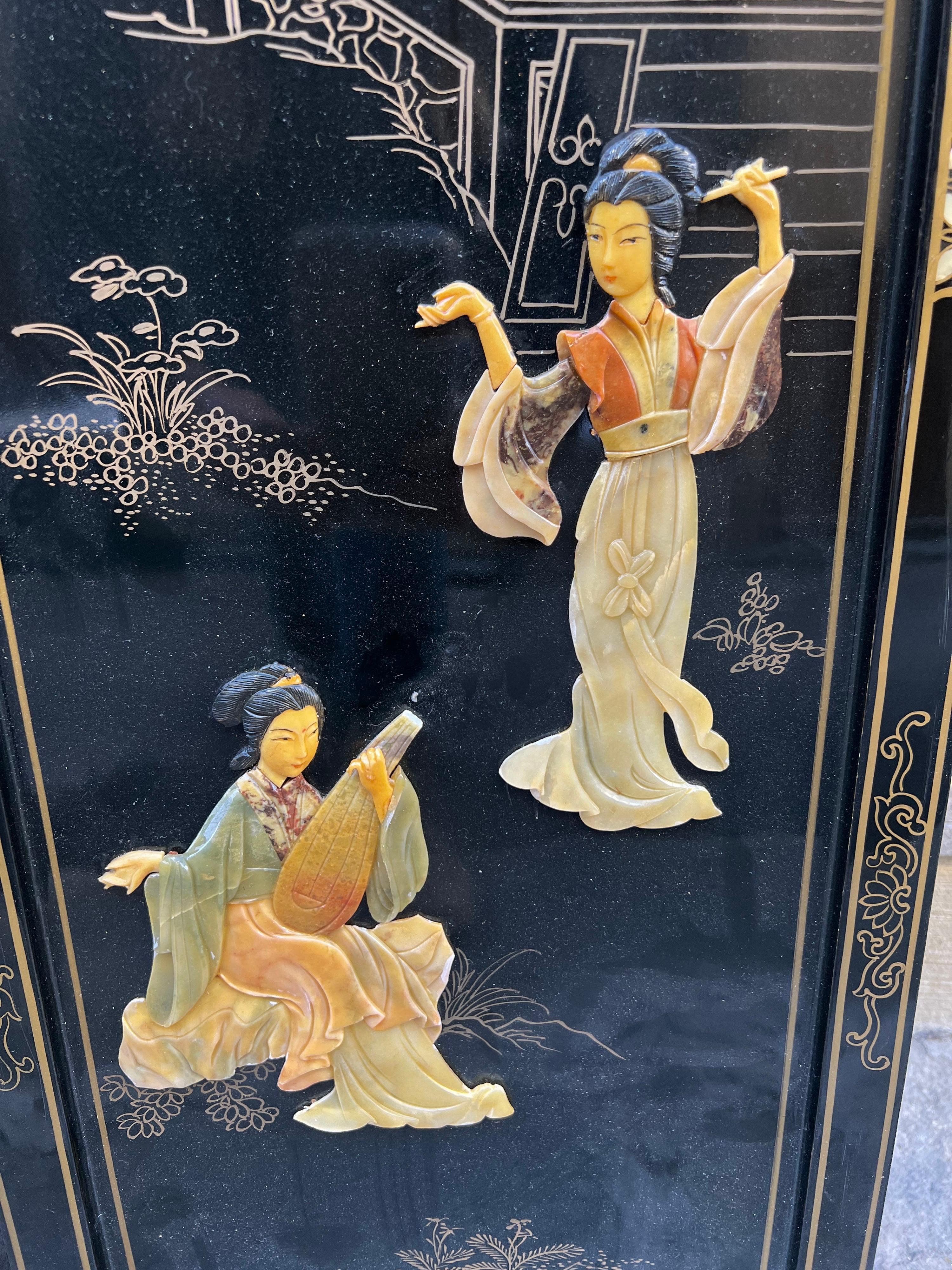 Pair of Four Antique Chinoserie Lacquered Wood Wall Panels with Jade Scenes 4