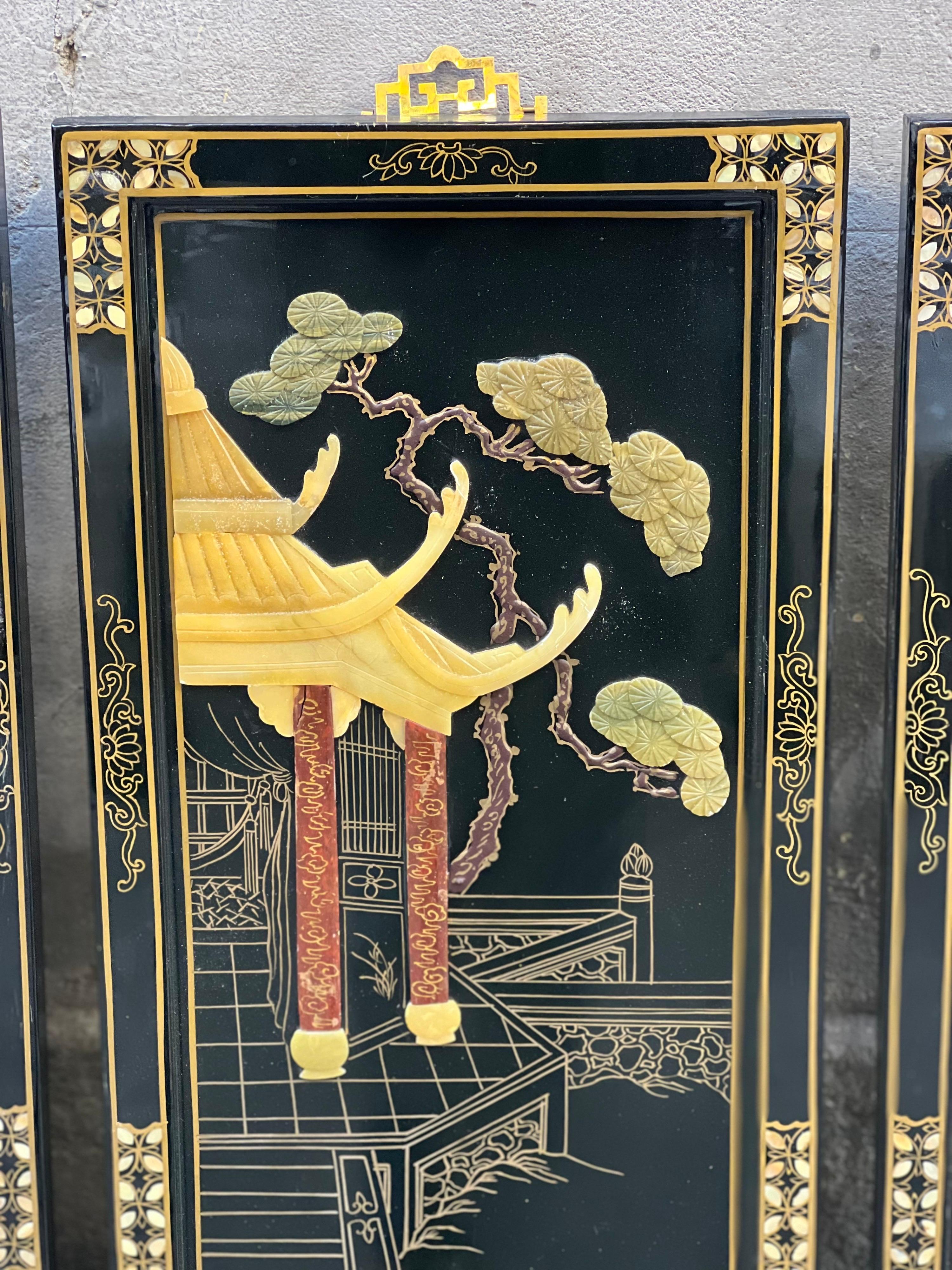Pair of Four Antique Chinoserie Lacquered Wood Wall Panels with Jade Scenes 5