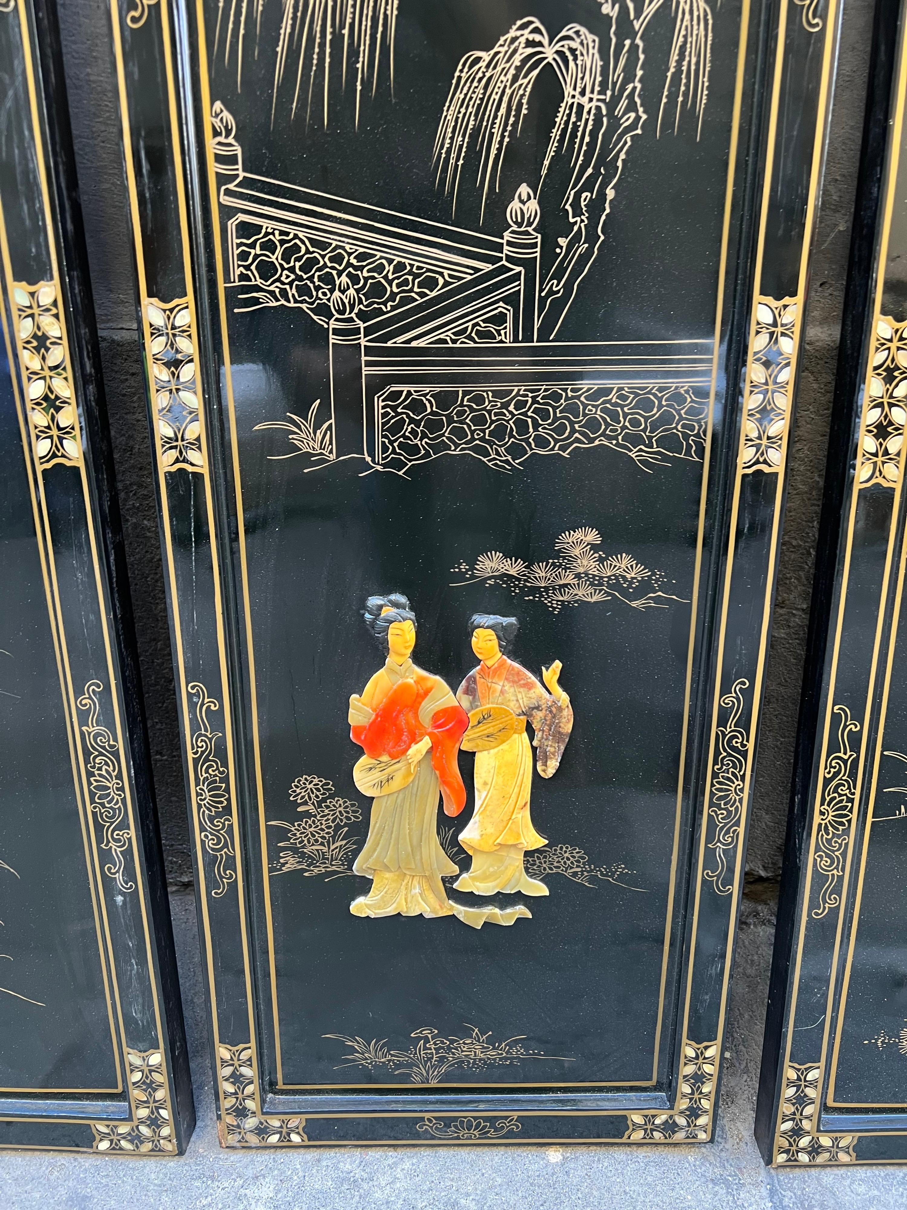 Pair of Four Antique Chinoserie Lacquered Wood Wall Panels with Jade Scenes 6