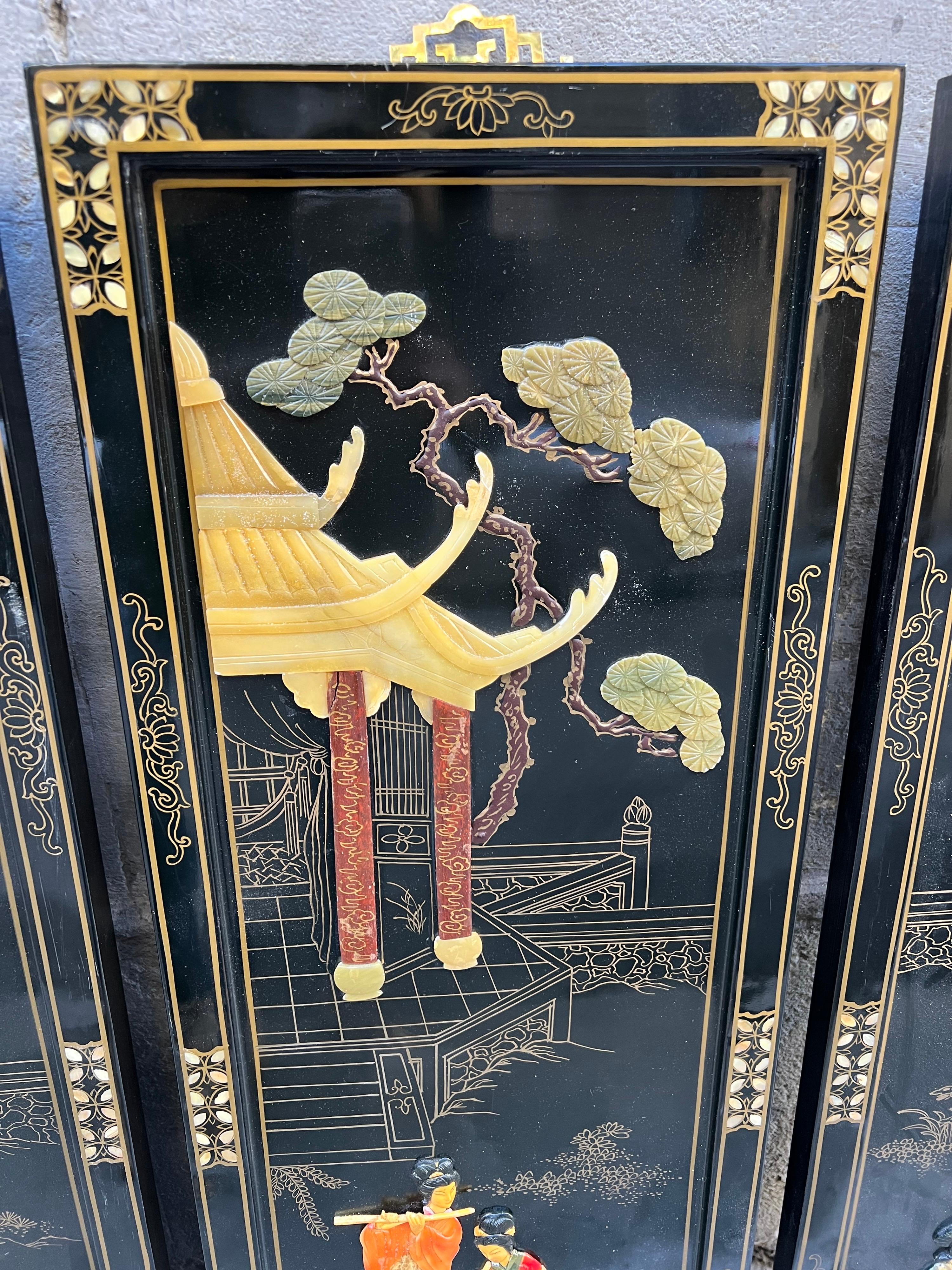 Pair of Four Antique Chinoserie Lacquered Wood Wall Panels with Jade Scenes 7