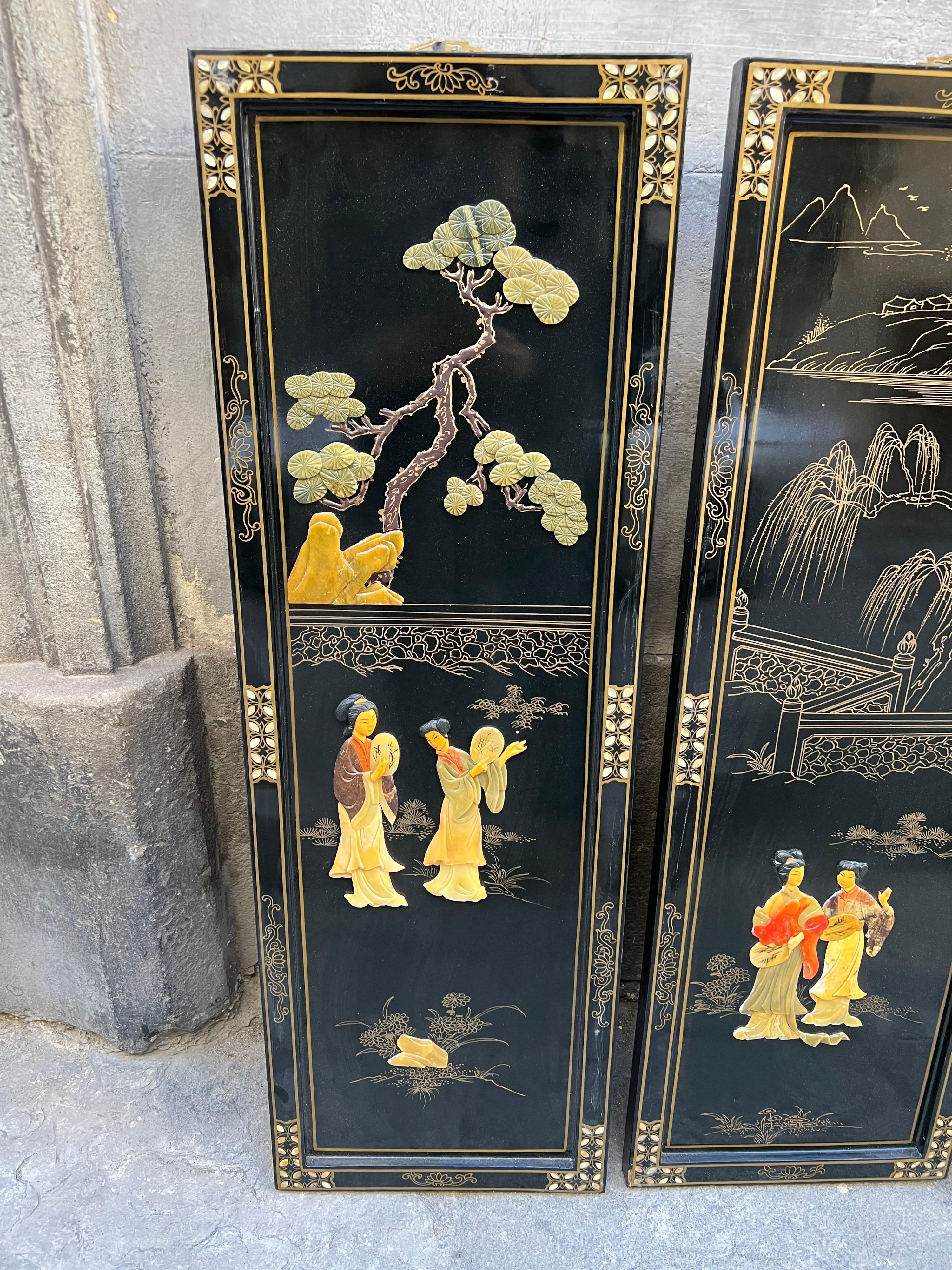 Pair of Four Antique Chinoserie Lacquered Wood Wall Panels with Jade Scenes 8