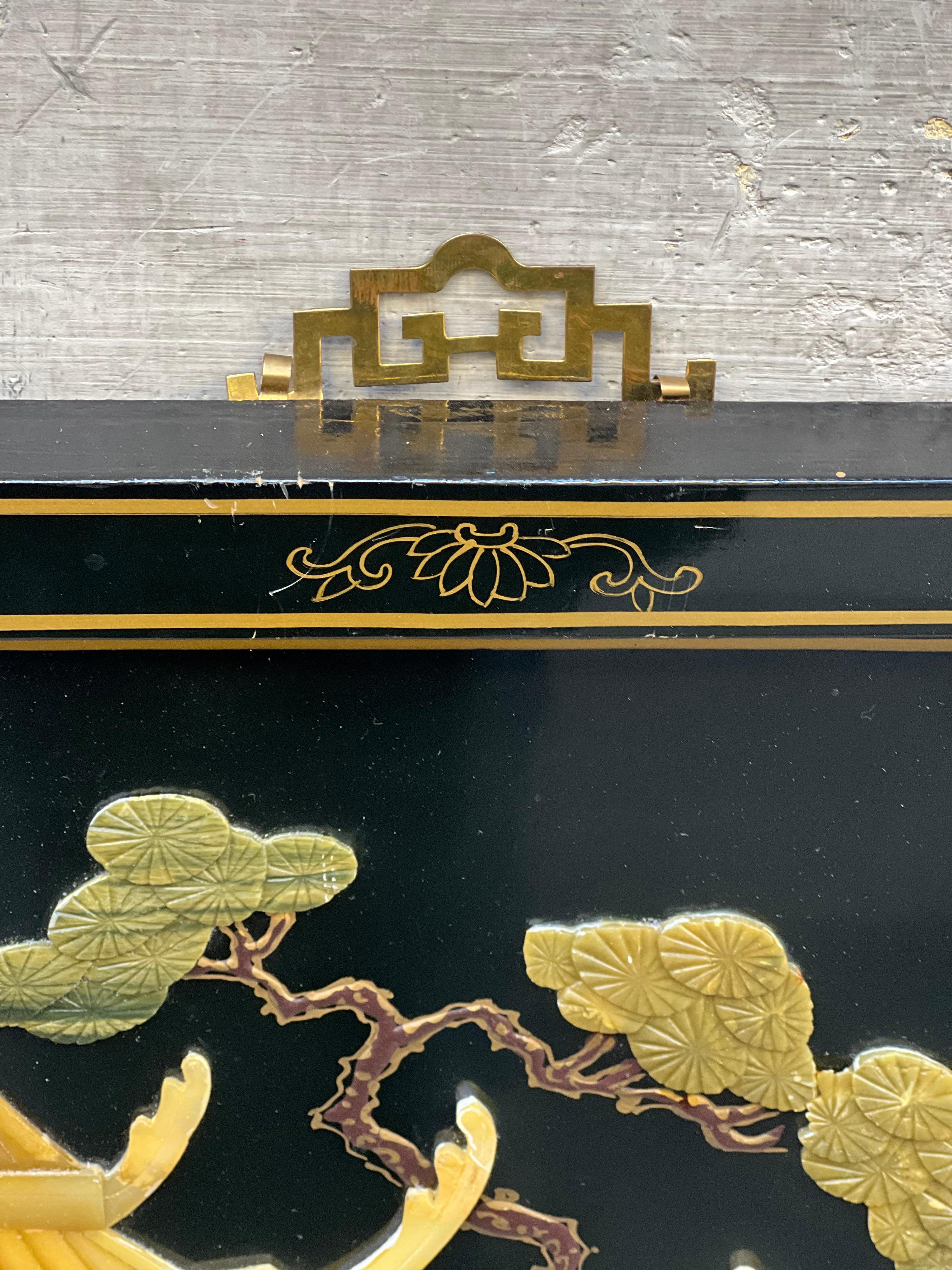 Pair of Four Antique Chinoserie Lacquered Wood Wall Panels with Jade Scenes 9
