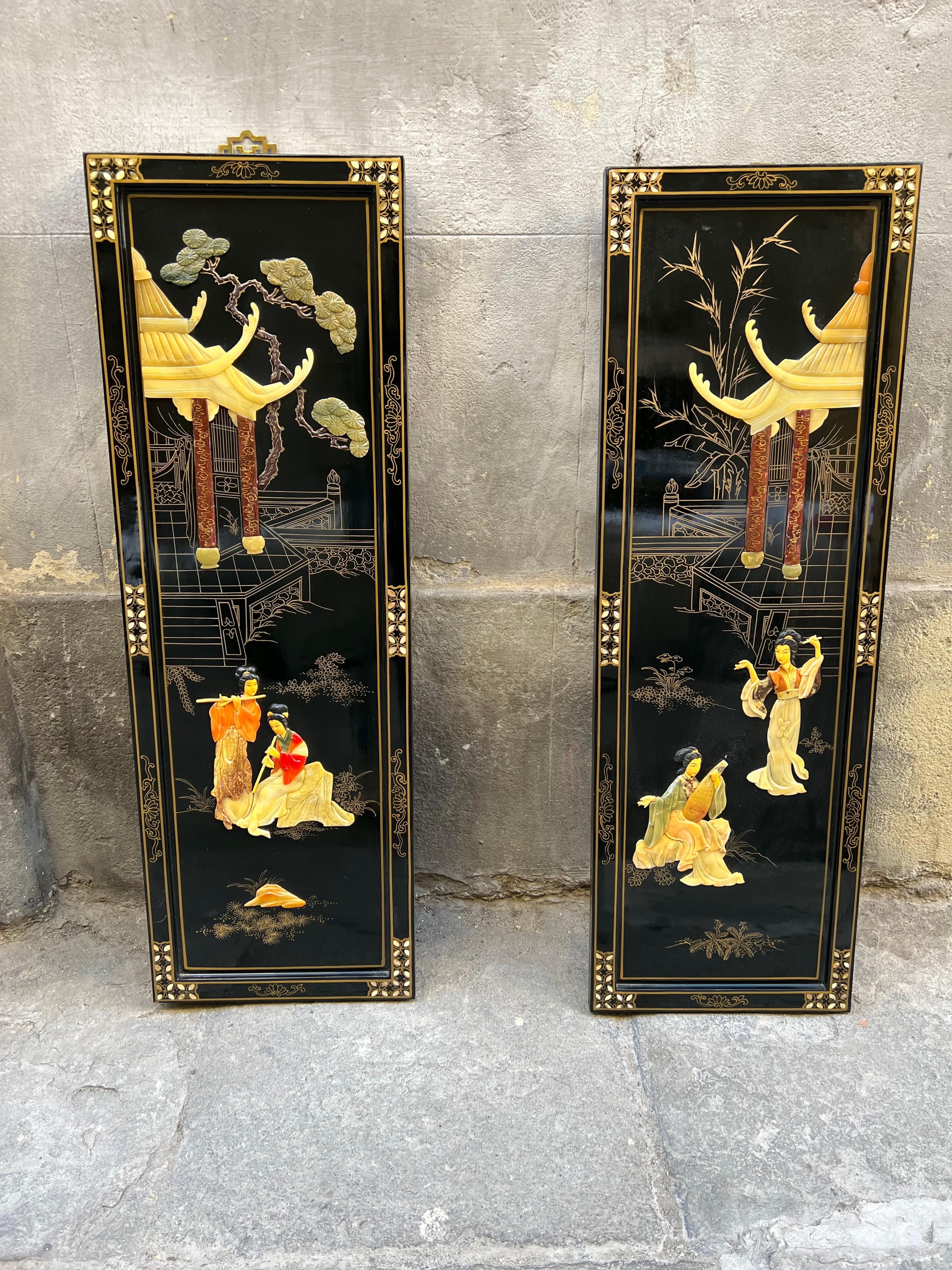 Chinoiserie Pair of Four Antique Chinoserie Lacquered Wood Wall Panels with Jade Scenes