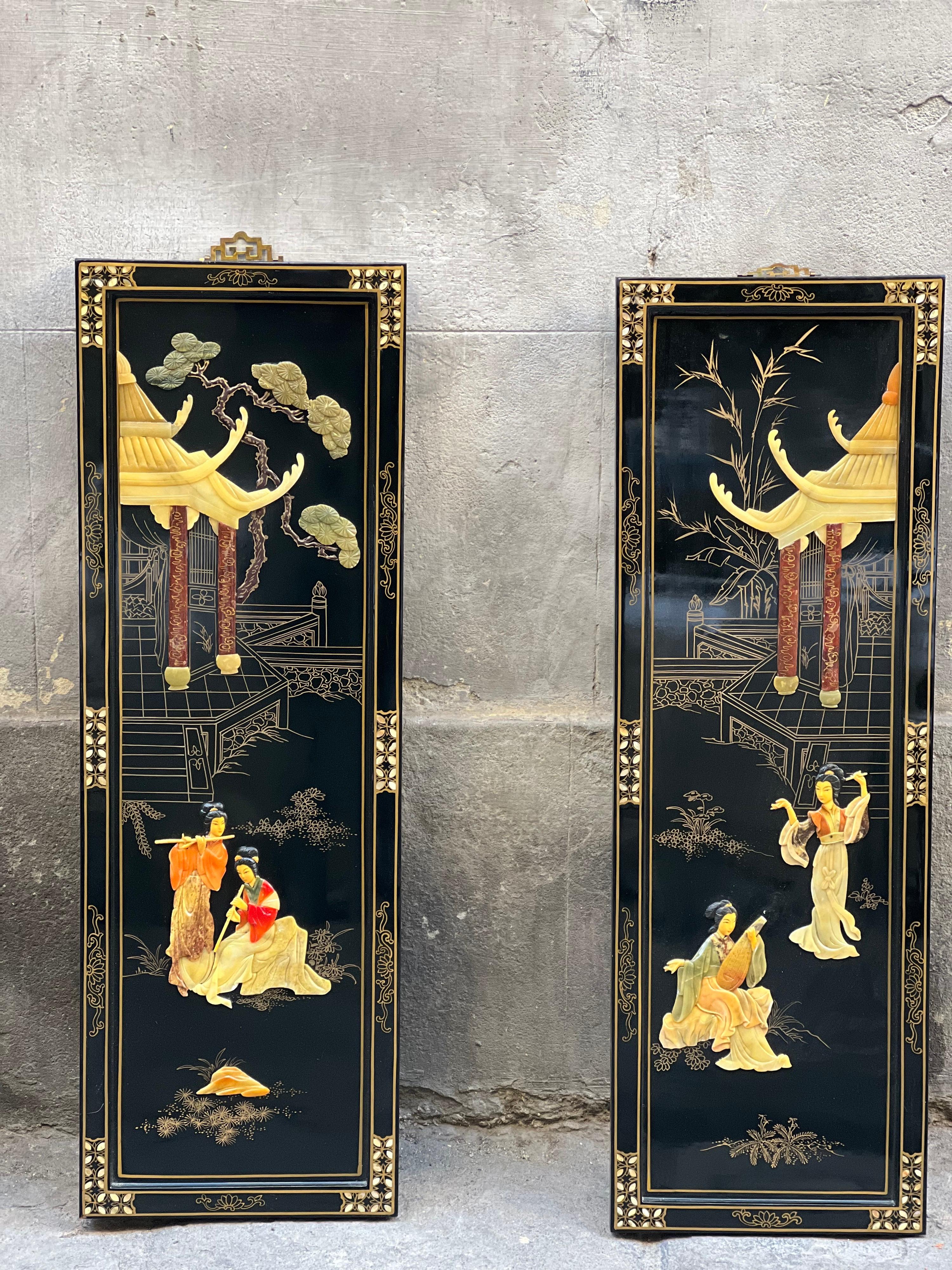 Chinese Pair of Four Antique Chinoserie Lacquered Wood Wall Panels with Jade Scenes