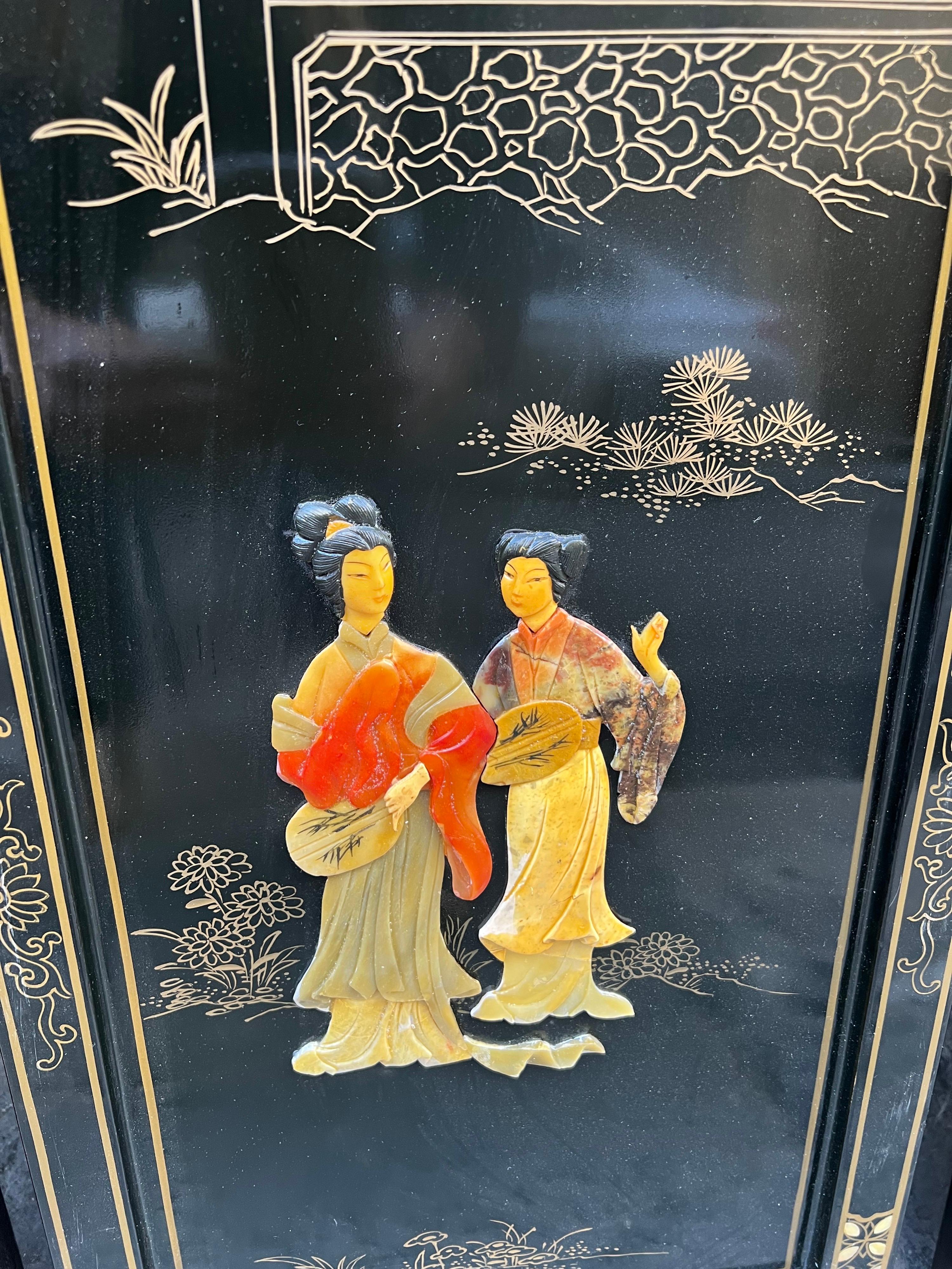 Early 20th Century Pair of Four Antique Chinoserie Lacquered Wood Wall Panels with Jade Scenes