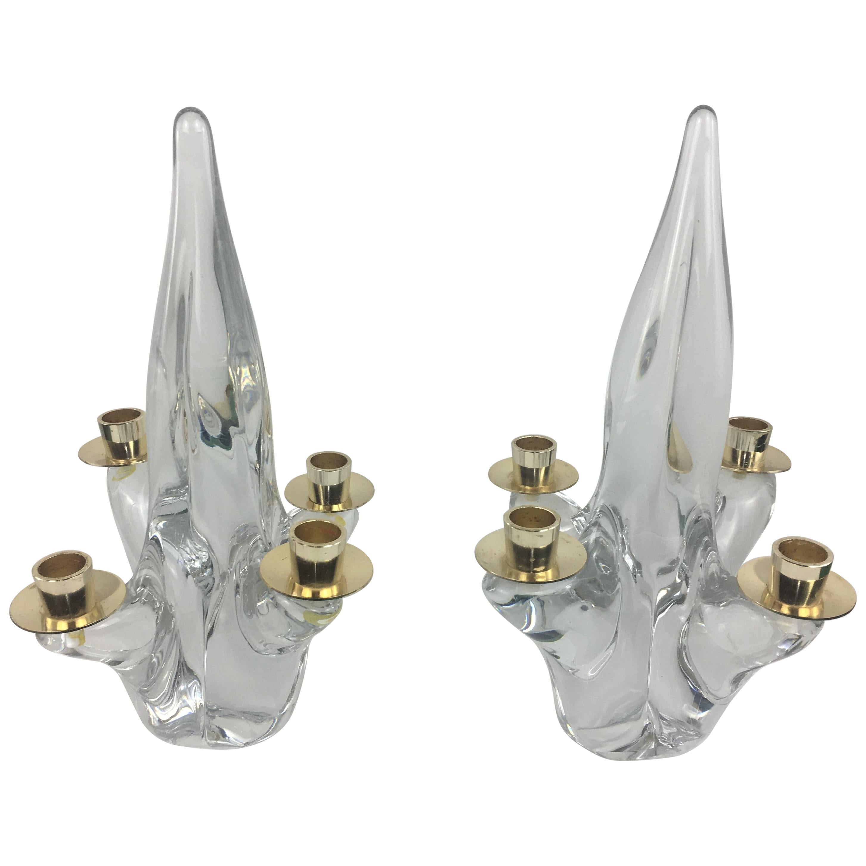 Pair of French Midcentury Crystal Candleholders by Schneider
