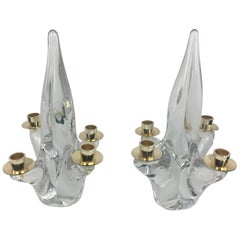 Pair of French Midcentury Crystal Candleholders by Schneider