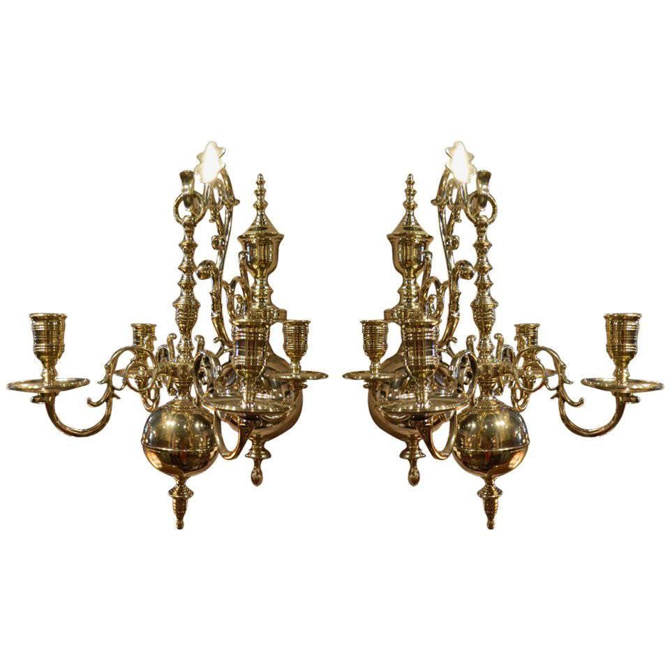Pair of Four Brass Candle Chandelier Wall Sconces, 19th Century For Sale