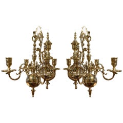 Pair of Four Brass Candle Chandelier Wall Sconces, 19th Century