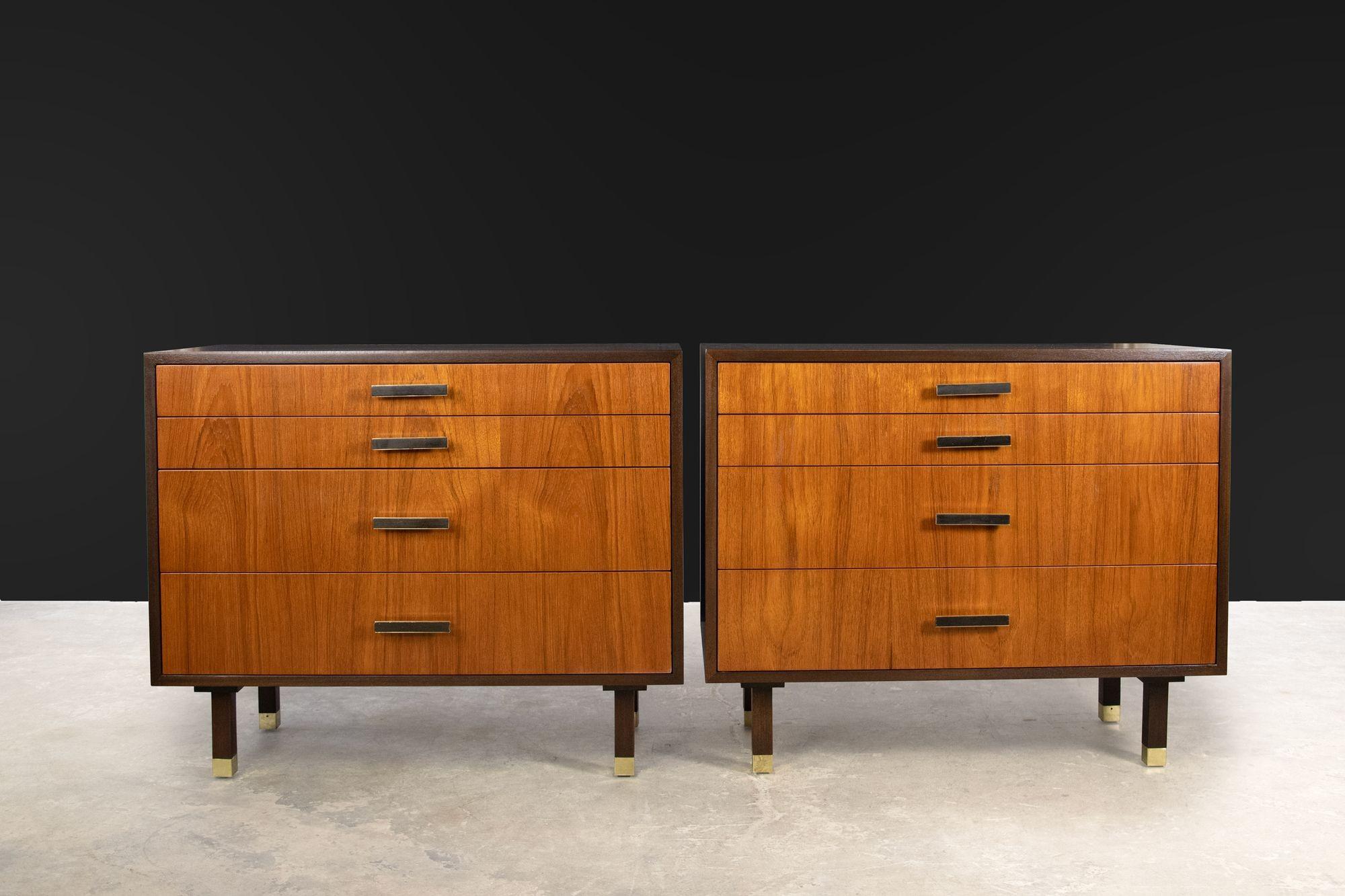 Beautiful matched pair of four-drawer chests by Harvey Probber. Constructed from mahogany, teak with brass & ebony inlaid pulls. Both chests have been professionally restored.