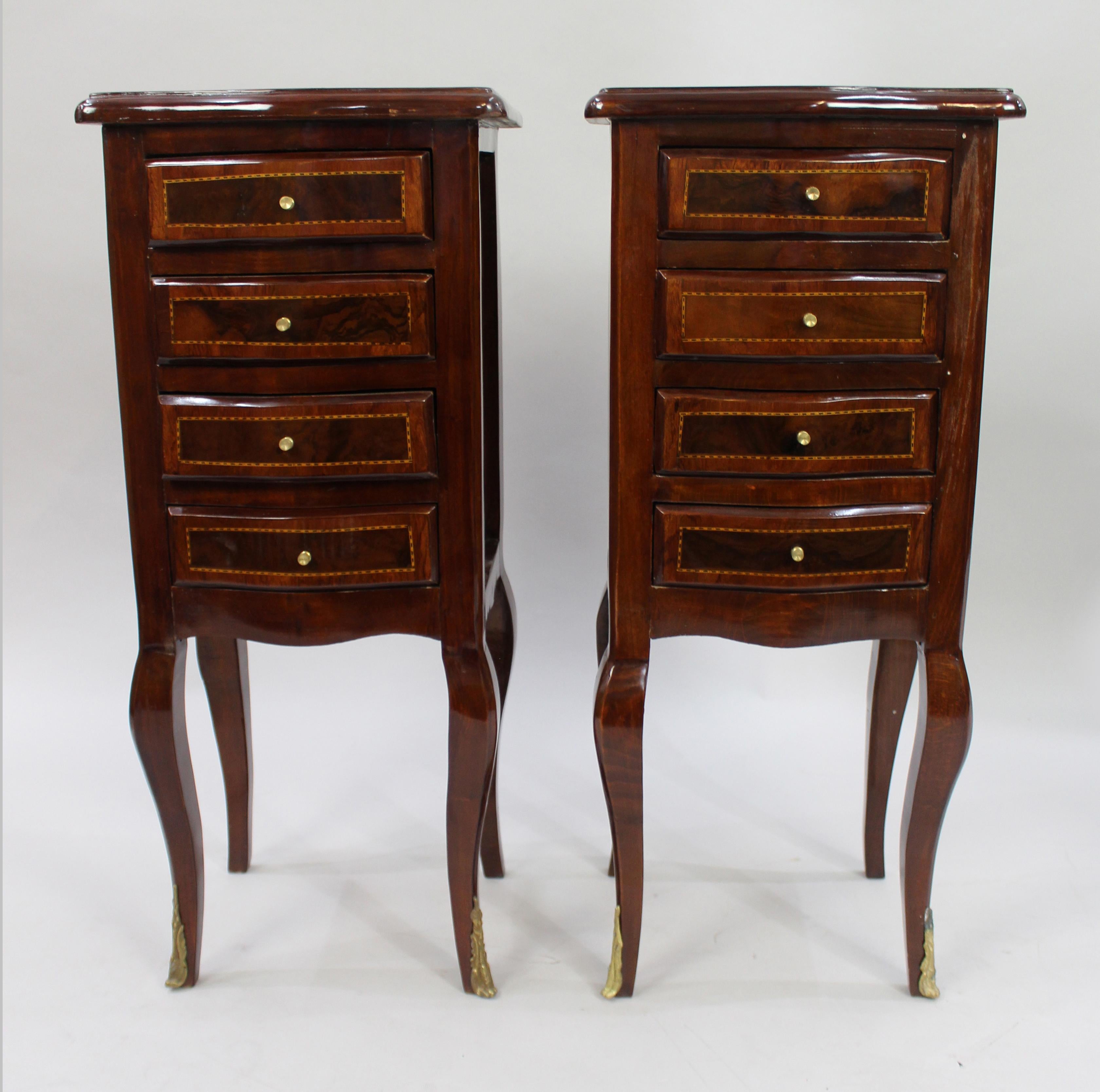 Pair of four drawer inlaid French nightstands


Measures: Width: 34.5 cm

Depth: 28 cm

Height: 80 cm


Lovely quality pair of late 20th century chests of drawers

Walnut & mahogany, with satinwood inlay.

Four drawers to each cabinet