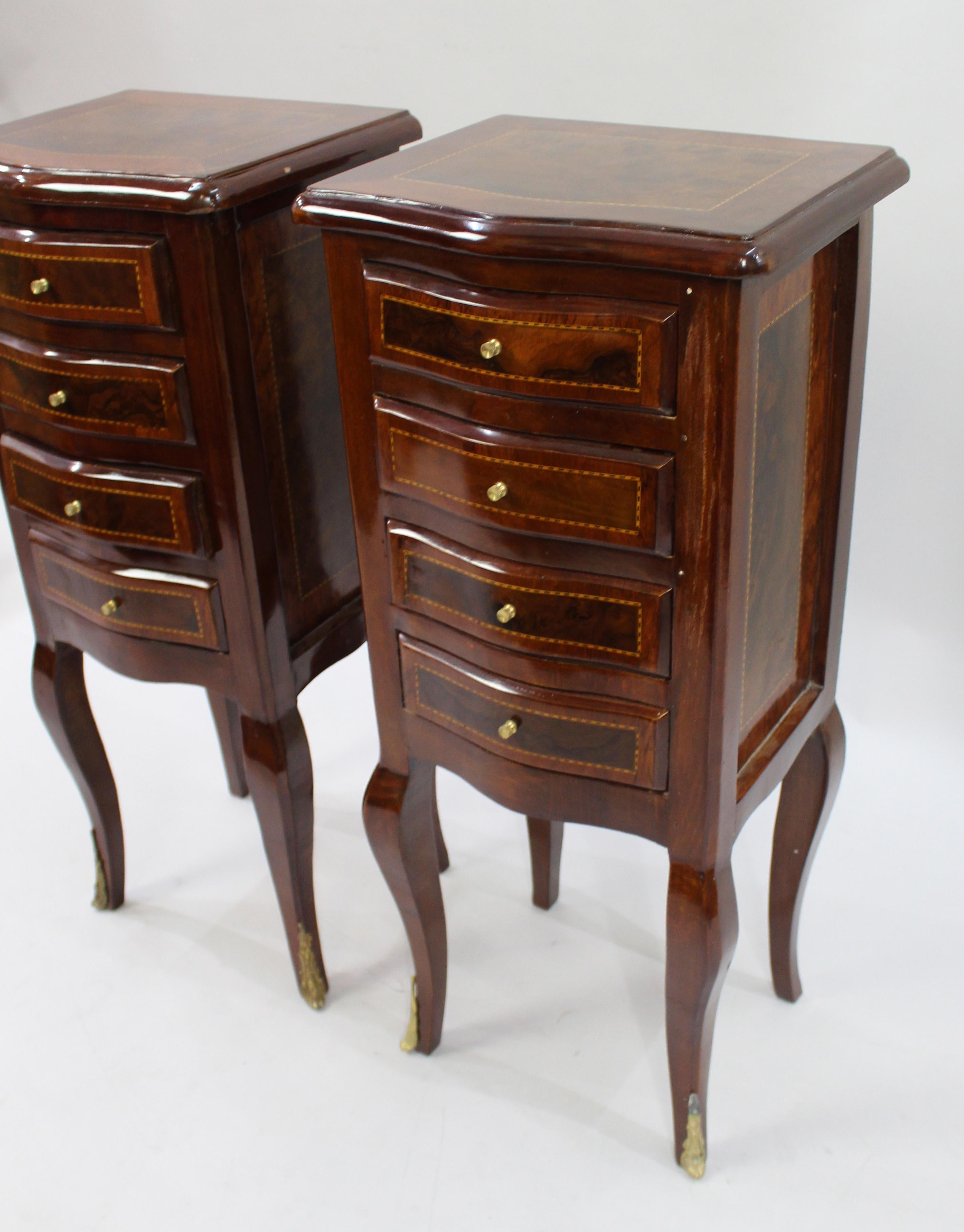 Mahogany Pair of Four Drawer Inlaid French Nightstands